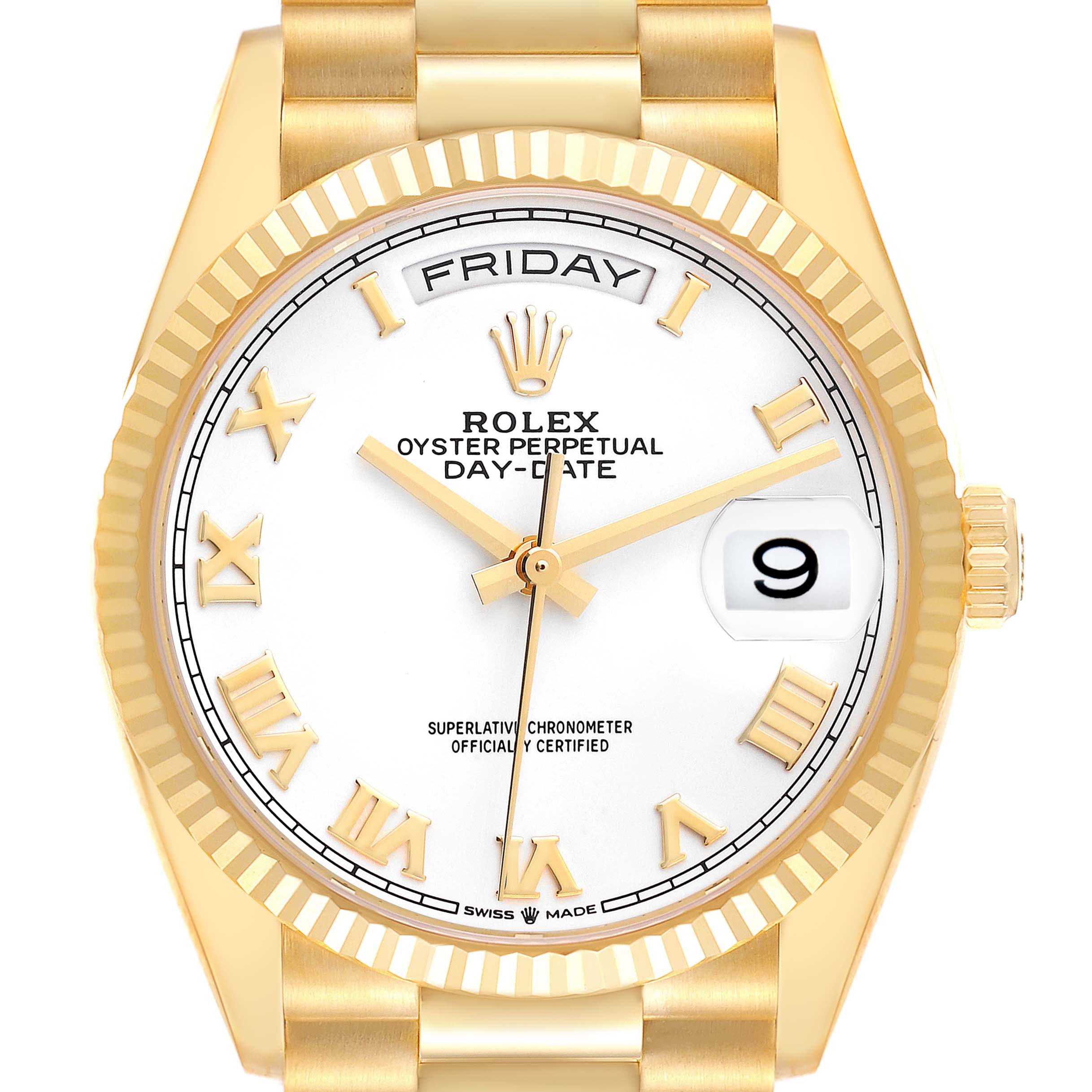 This image shows a front view of a Rolex President 128238 Men
s Yellow Gold White Dial 128238 Men
s Yellow Gold White Dial Day-Date watch, highlighting the face, bezel, crown, and part of the bracelet.