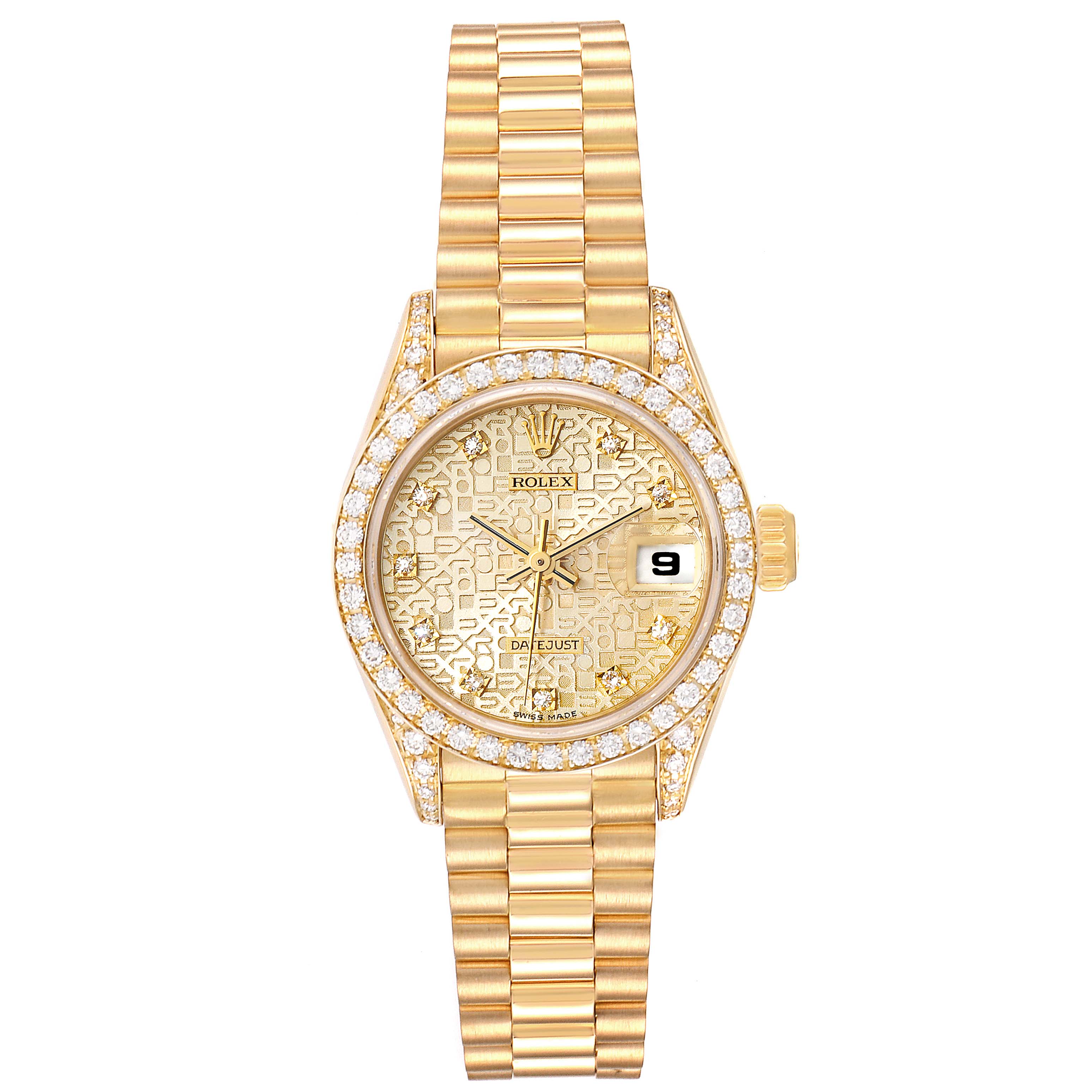 This image shows a front view of a Rolex Datejust 69158 Women's Yellow Gold Champagne Dial 69158 Women's Yellow Gold Champagne Dial watch, highlighting its gold bracelet, diamond bezel, and patterned dial with a date window.