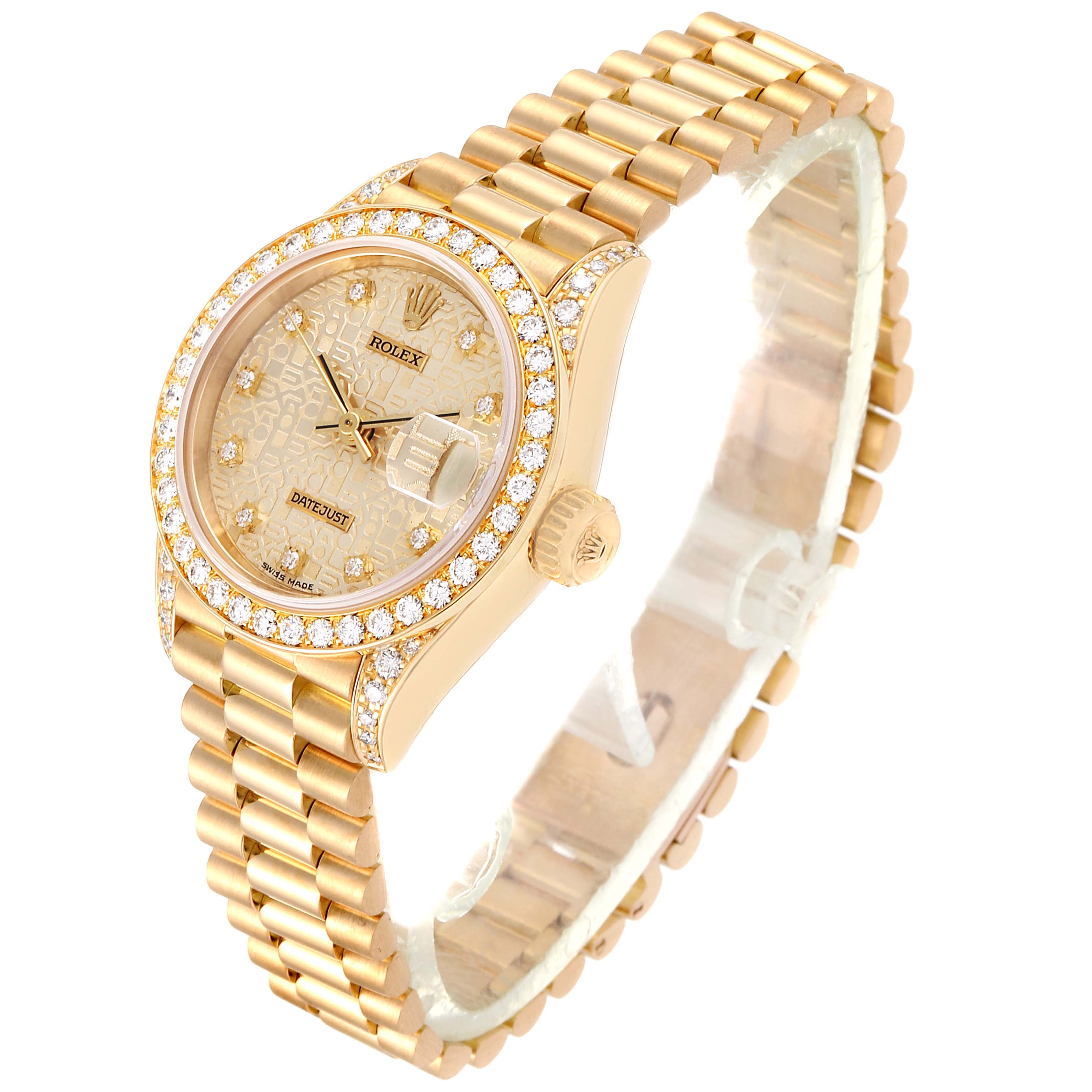 The image shows a Rolex Datejust 69158 Women's Yellow Gold Champagne Dial 69158 Women's Yellow Gold Champagne Dial watch at a slight angle displaying the face, bezel, crown, and bracelet.