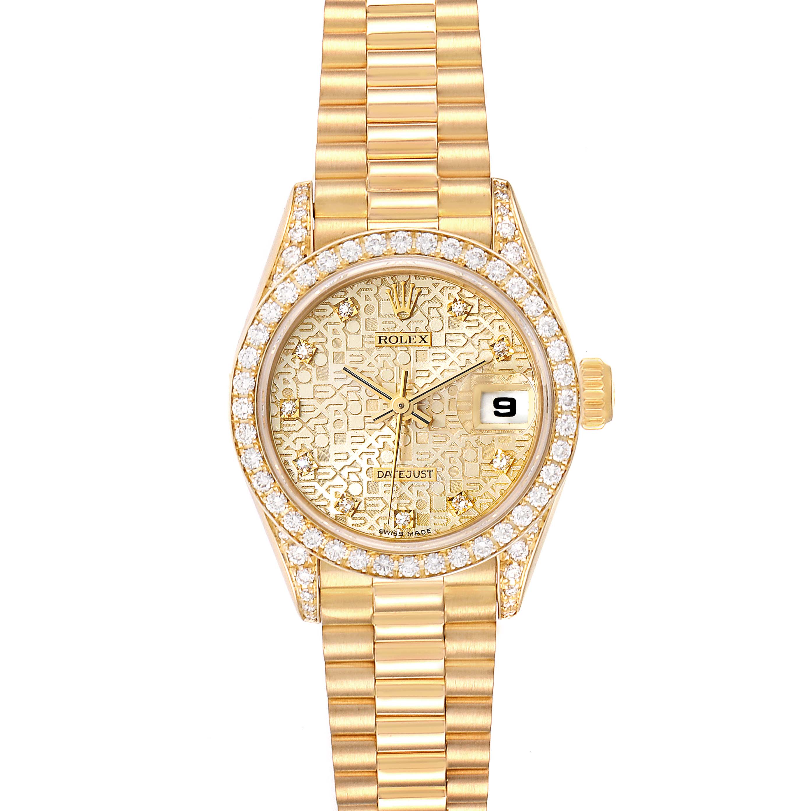 The image shows a front view of a Rolex Datejust 69158 Women's Yellow Gold Champagne Dial 69158 Women's Yellow Gold Champagne Dial watch, highlighting its gold bracelet, diamond bezel, and patterned dial.