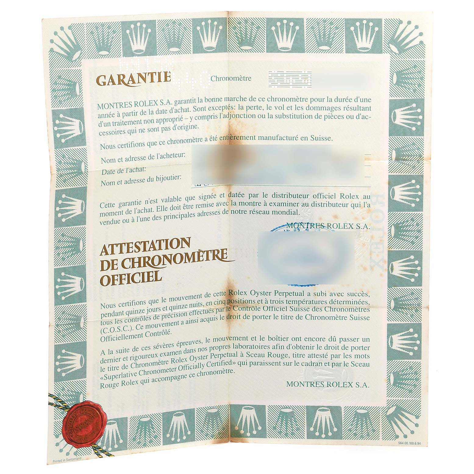 The image shows a warranty and chronometer certificate for a Rolex Datejust 69158 Women's Yellow Gold Champagne Dial 69158 Women's Yellow Gold Champagne Dial watch, featuring textual details and official seals.