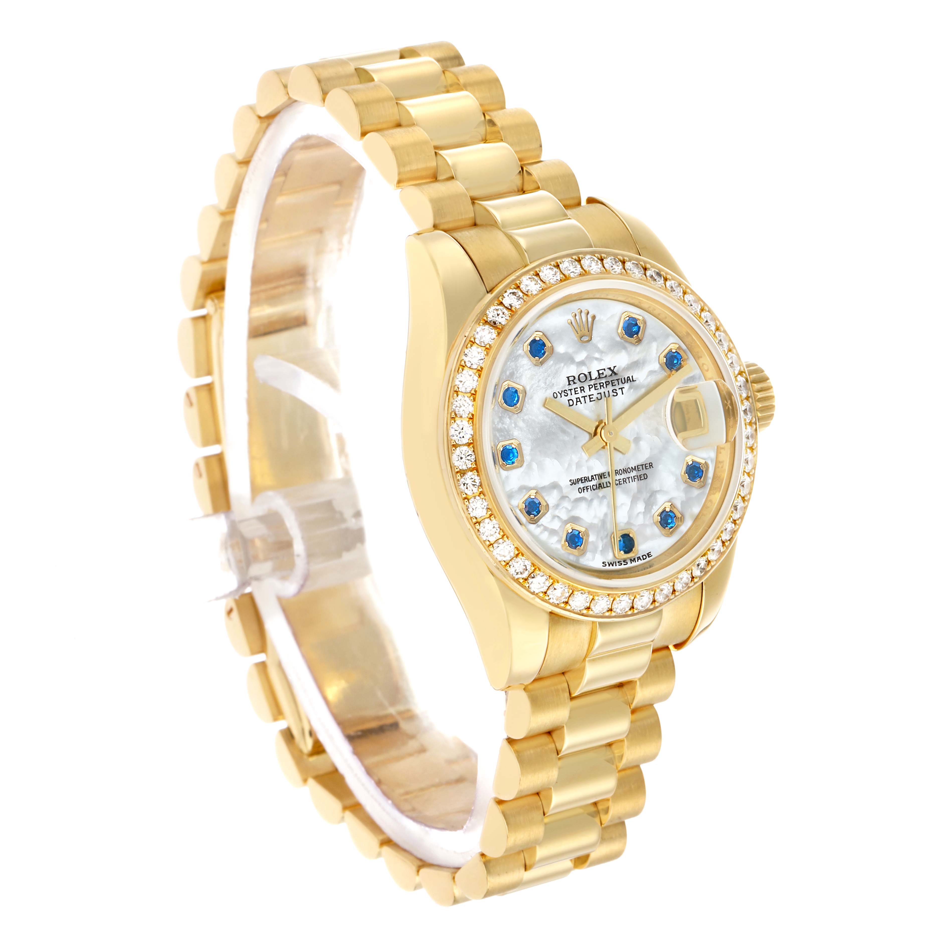 The Rolex President 179138 Women's Yellow Gold Mother of Pearl Dial watch is shown at a three-quarter angle, highlighting the bracelet, bezel, and dial.