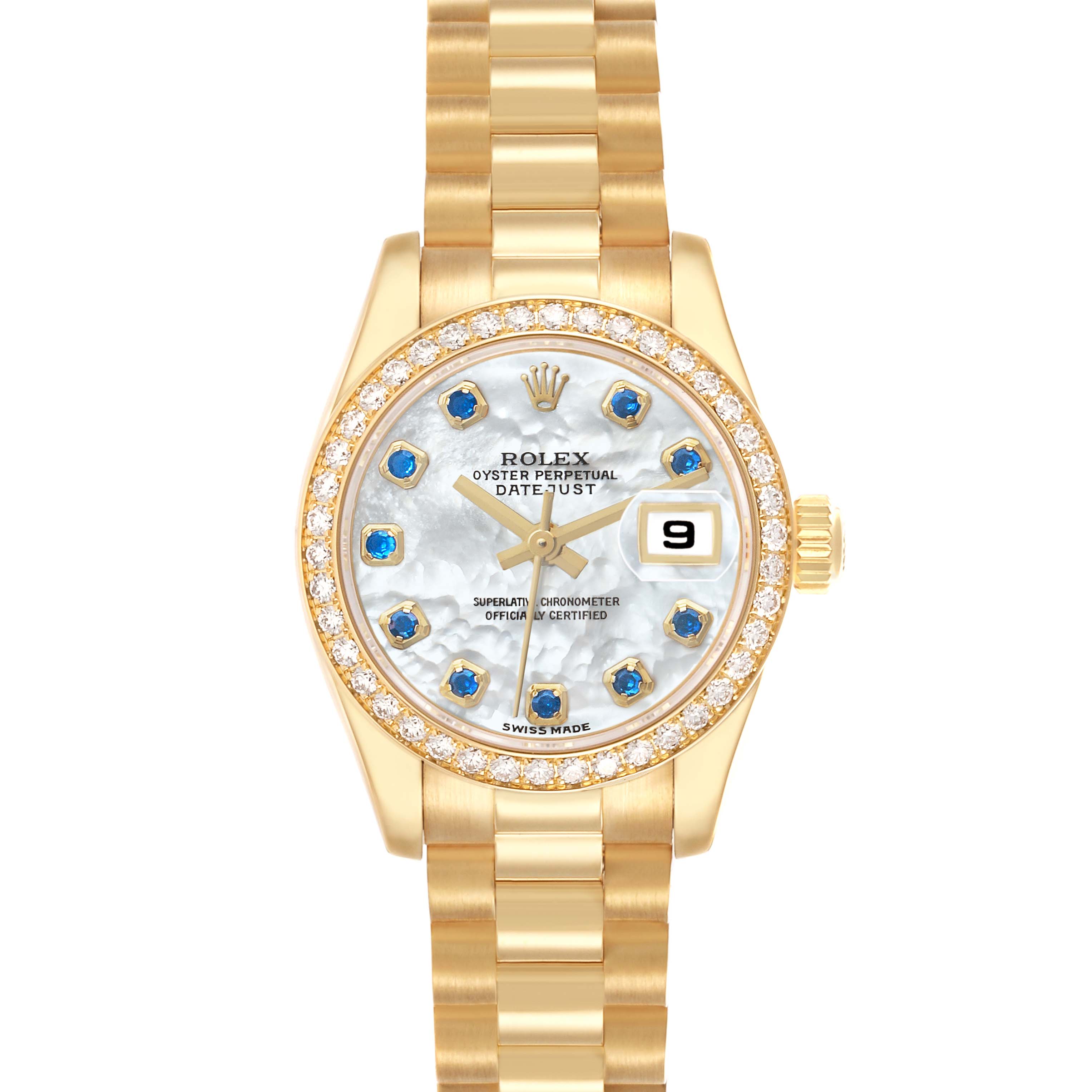 The Rolex President 179138 Women's Yellow Gold Mother of Pearl Dial model is shown from a top-down angle, highlighting the watch face, bezel, and bracelet.