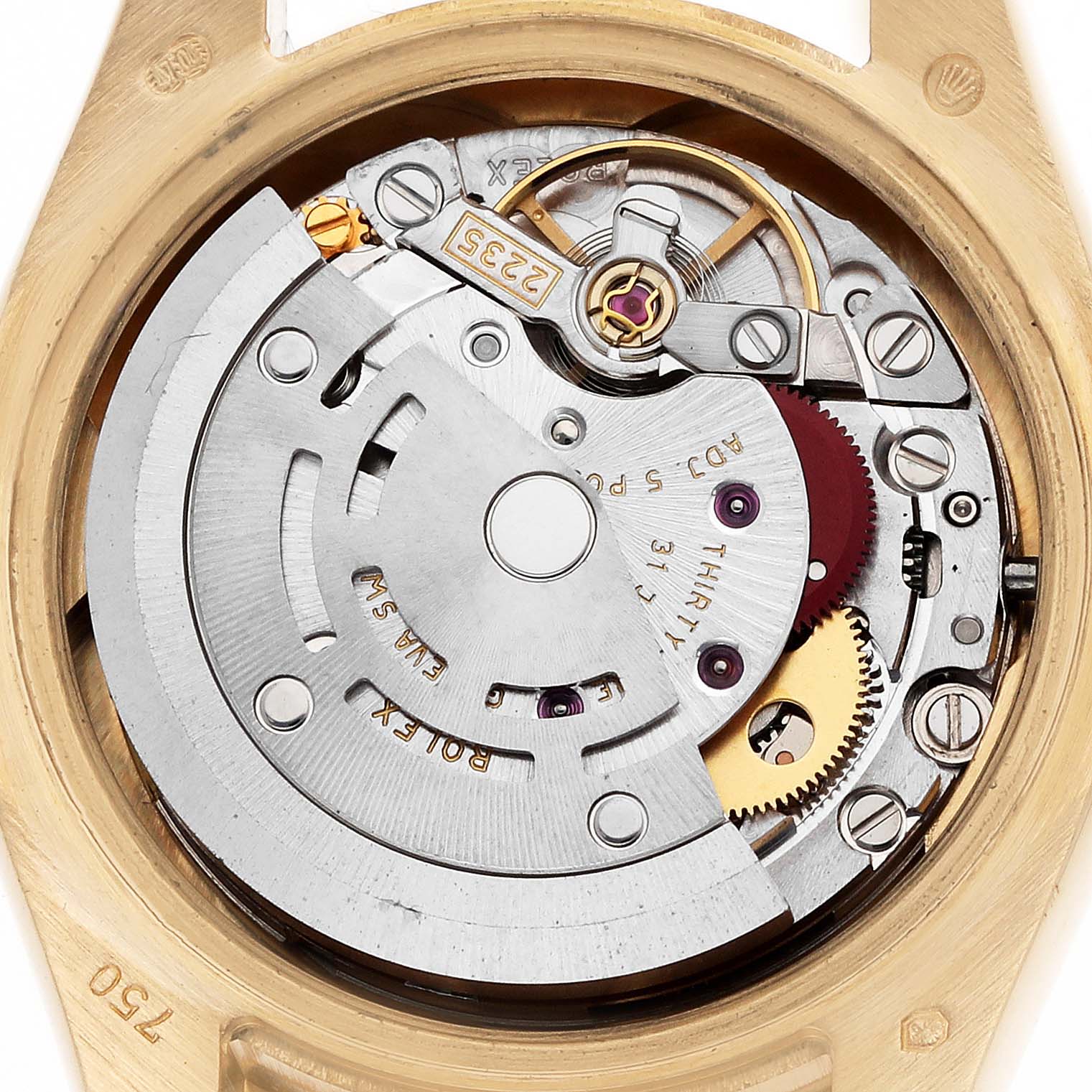 The image shows the inner mechanics of a Rolex President 179138 Women's Yellow Gold Mother of Pearl Dial watch from a top-down angle.