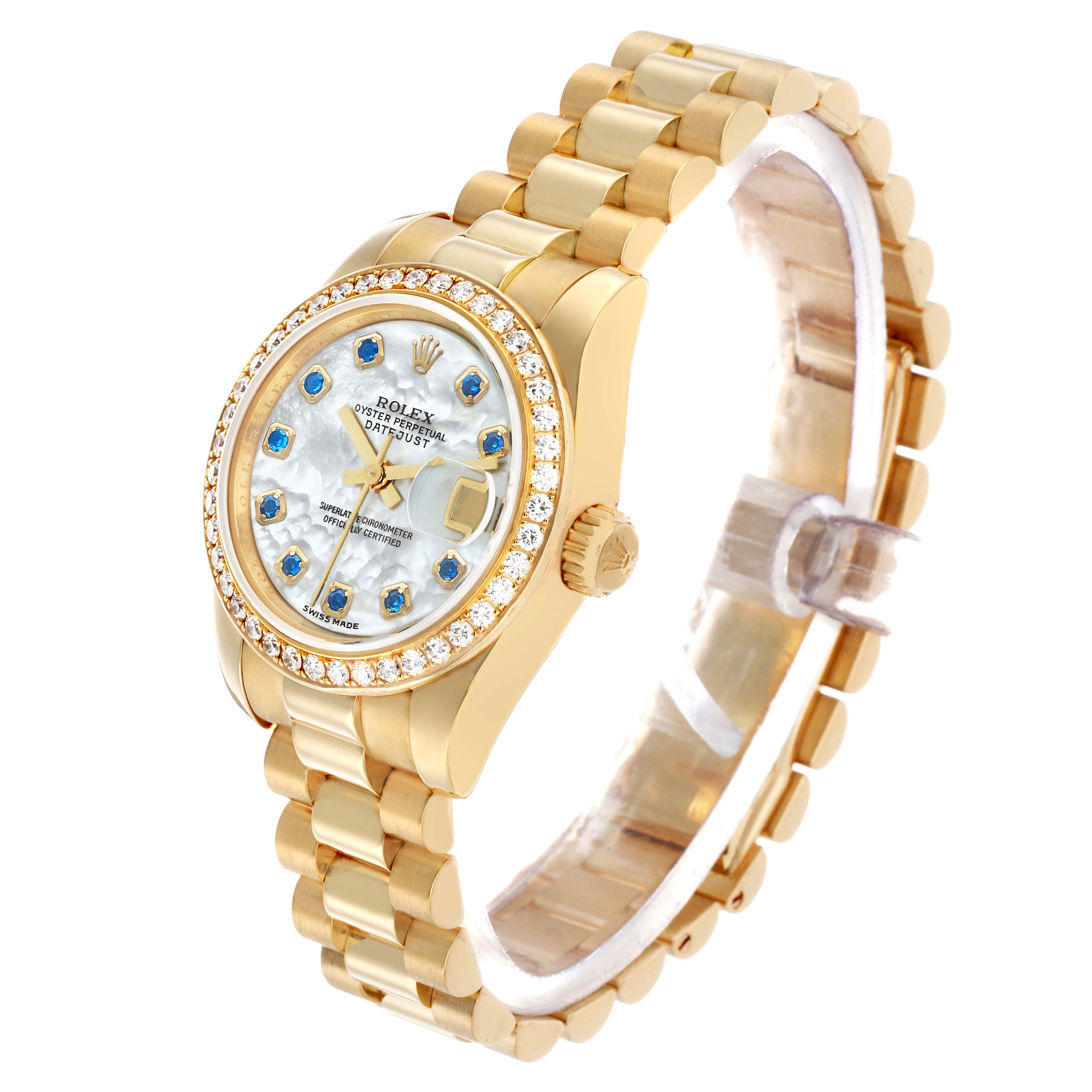 The Rolex President 179138 Women's Yellow Gold Mother of Pearl Dial model watch is shown at a three-quarter angle, highlighting the face, crown, and bracelet.