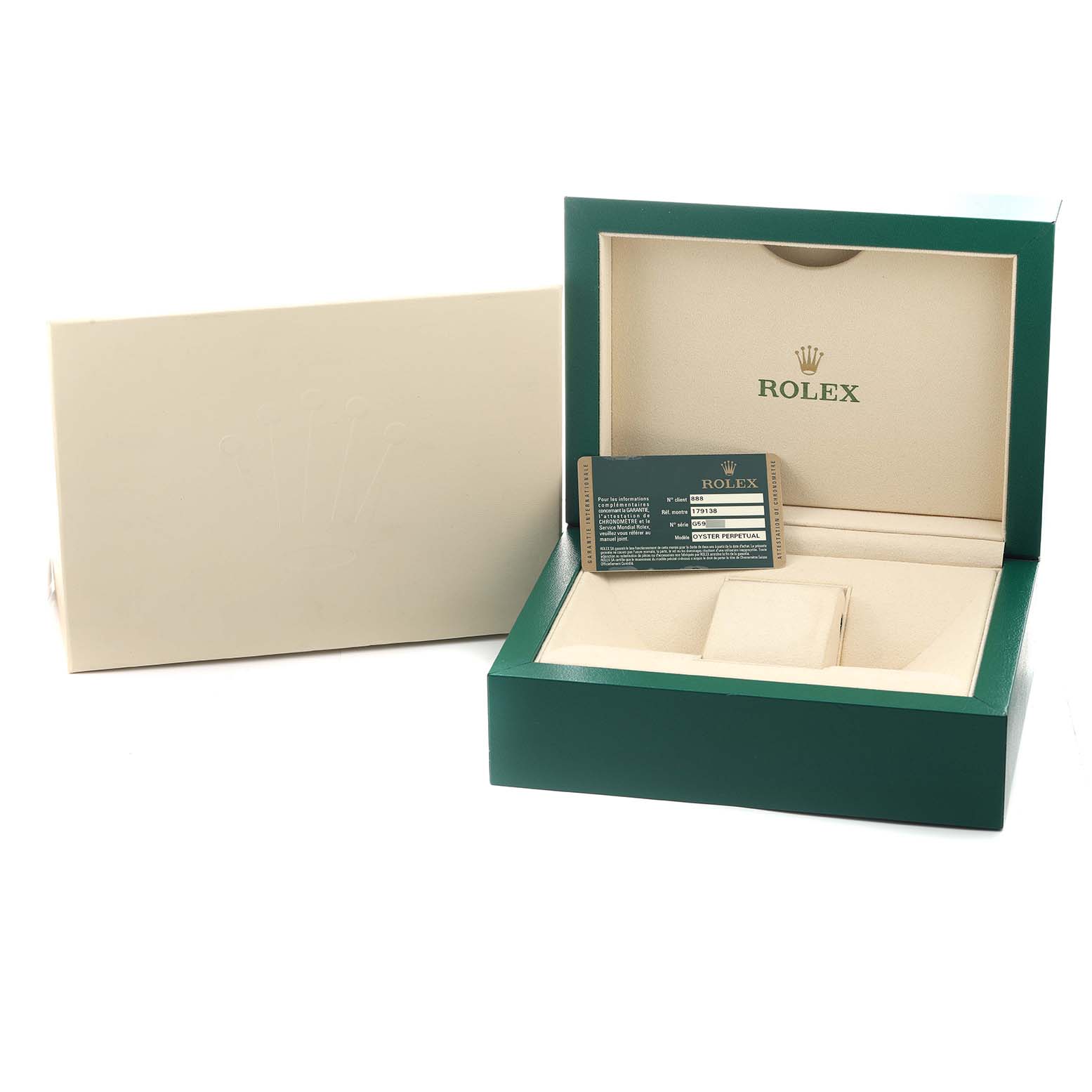 The image shows a Rolex President 179138 Women's Yellow Gold Mother of Pearl Dial model's open green luxury box with a beige interior and an authenticity card.
