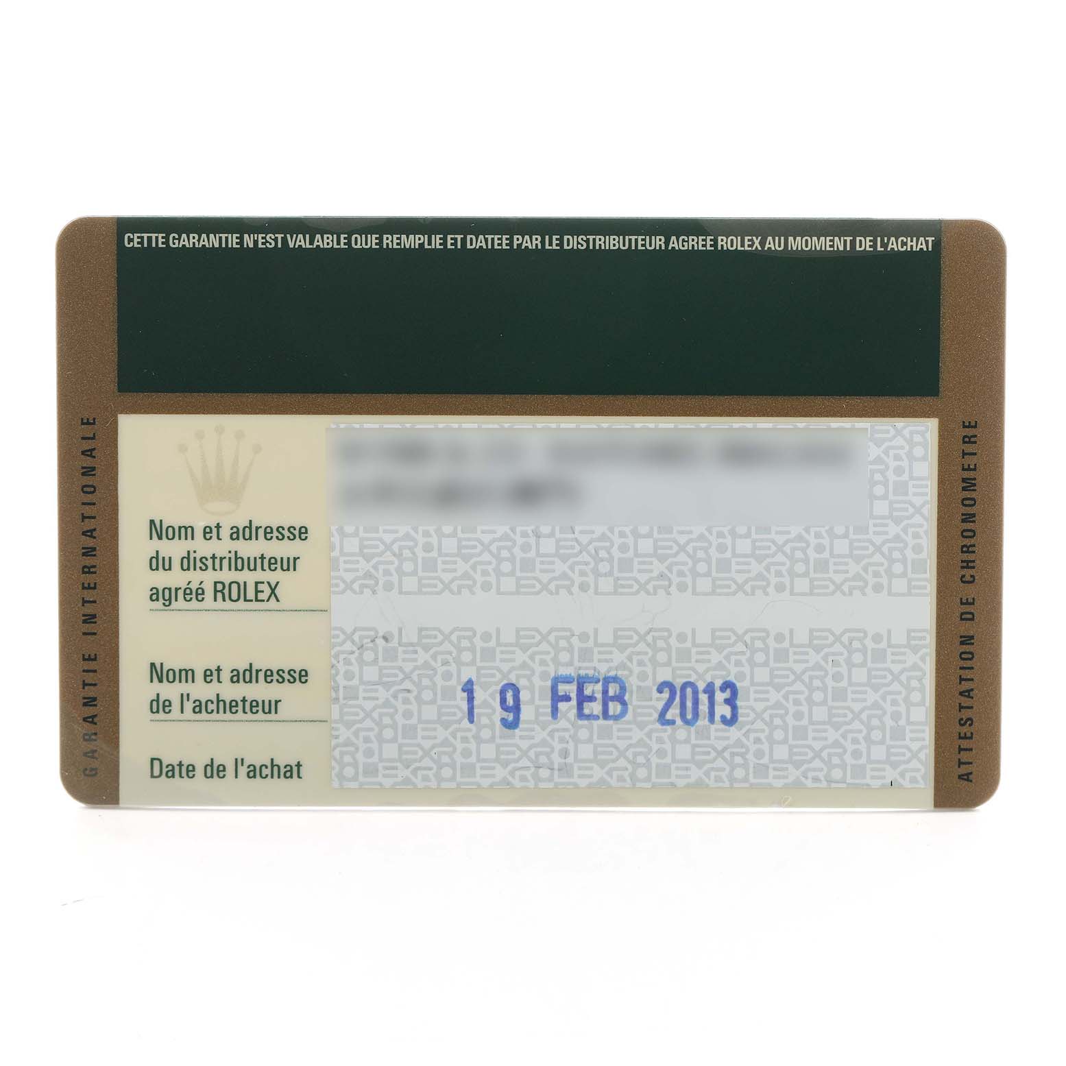 This image shows the warranty card for the Rolex President 179138 Women's Yellow Gold Mother of Pearl Dial model, detailing purchase date and distributor information.