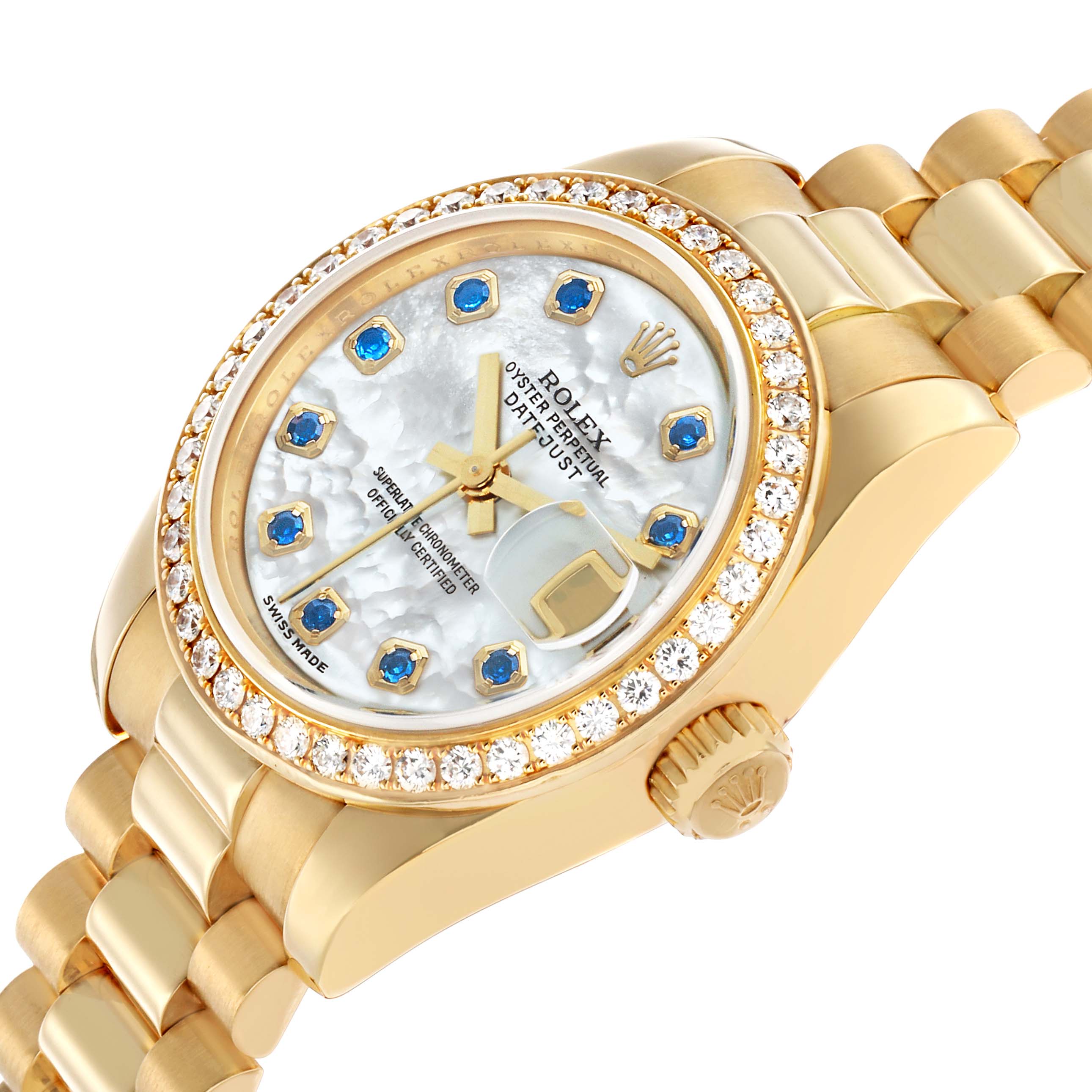 The image shows a Rolex President 179138 Women's Yellow Gold Mother of Pearl Dial watch from a side angle, highlighting the dial, bezel, and bracelet.