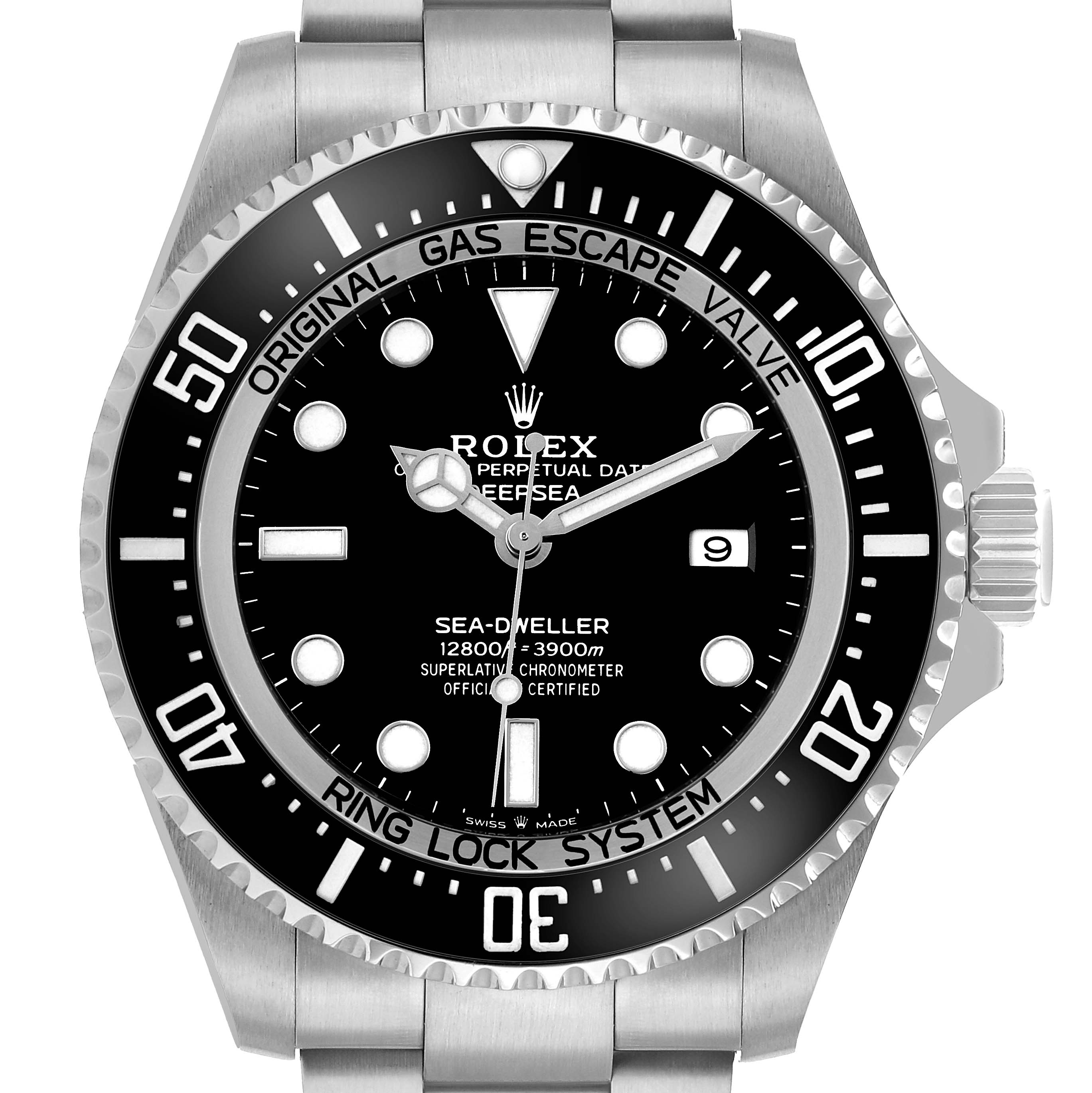 The image shows a front view of a Rolex Sea-Dweller 126660 Men's Stainless Steel Black Dial watch, highlighting the bezel, dial, and bracelet.