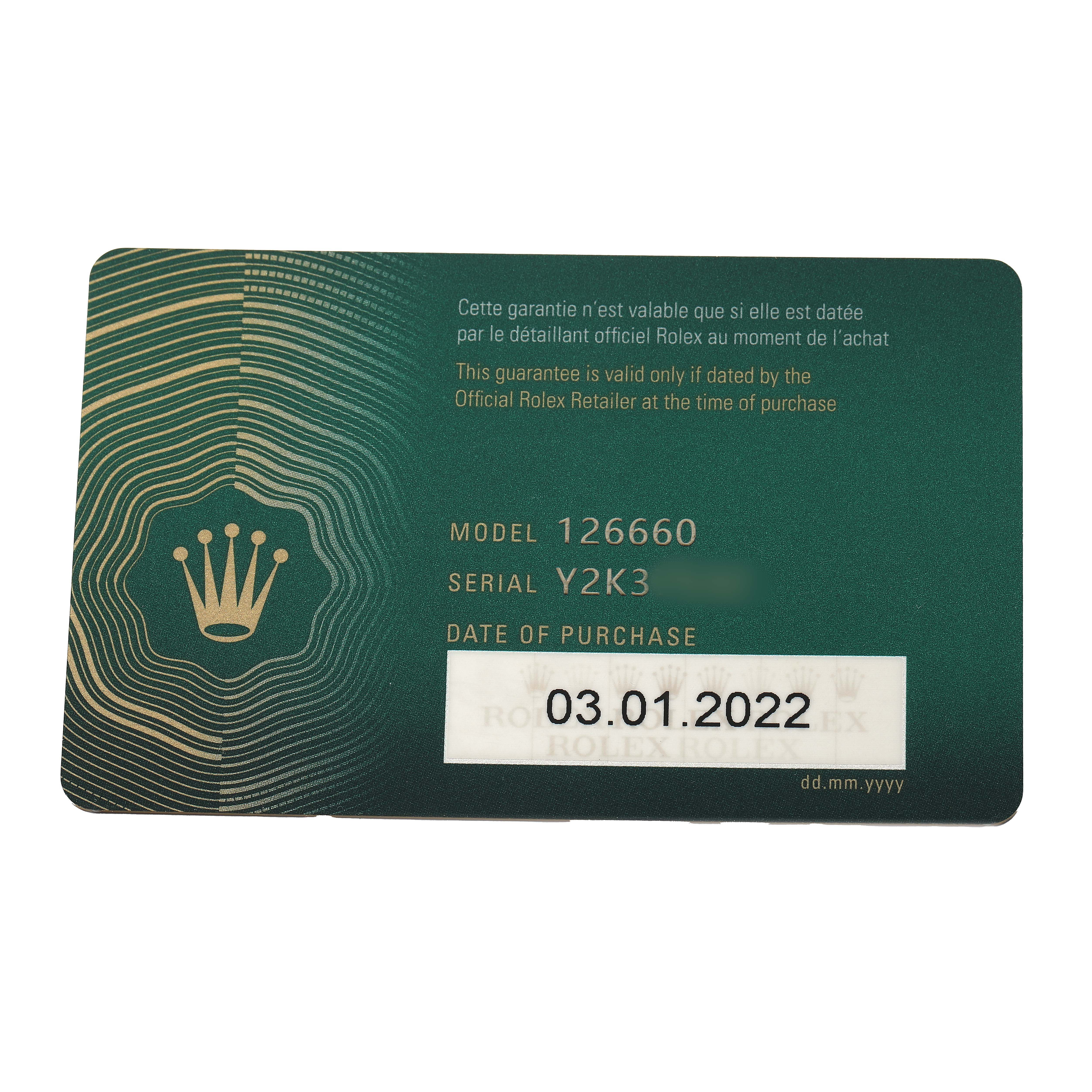The image shows a Rolex guarantee card for the Sea-Dweller model 126660, displaying the purchase date and serial number.