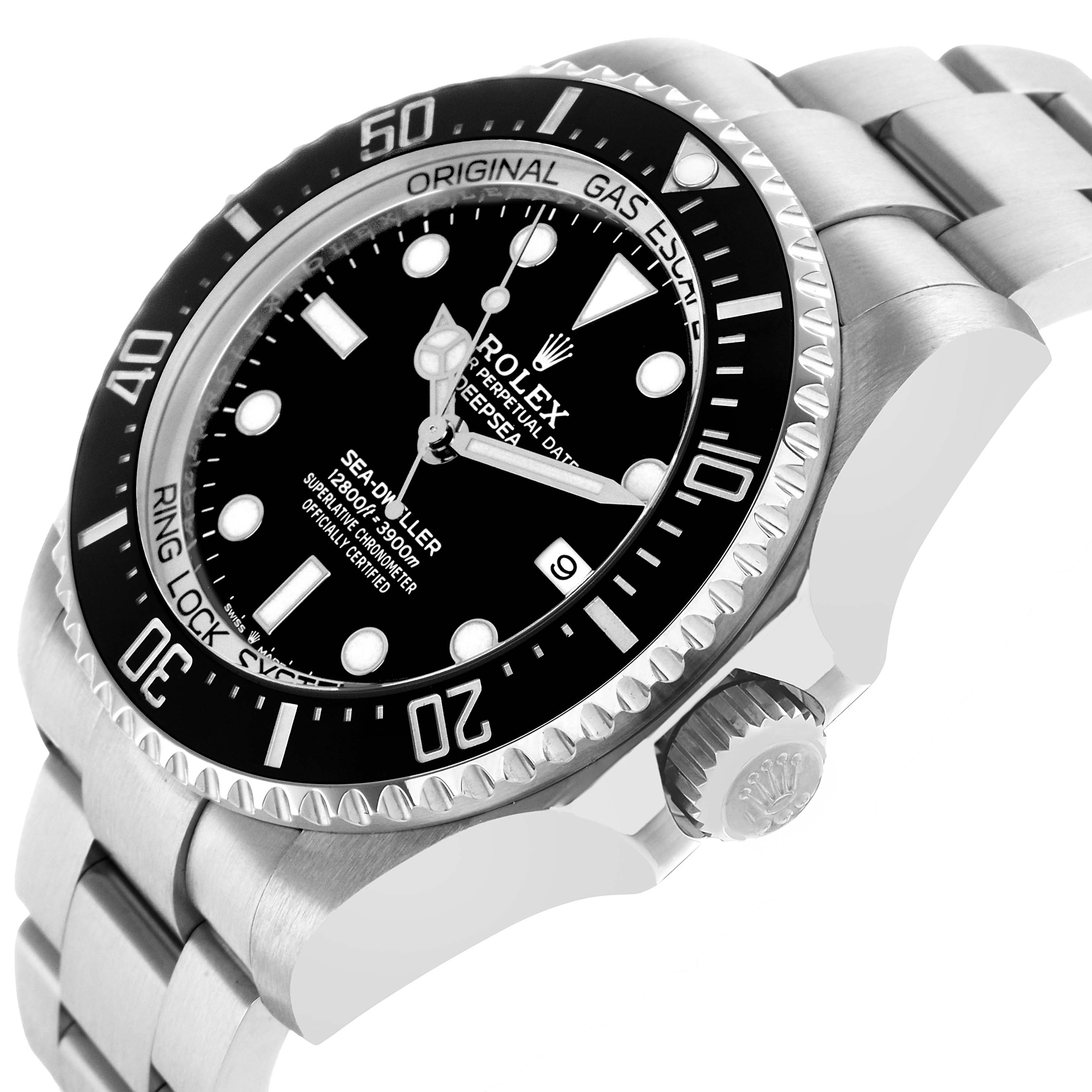 The Rolex Sea-Dweller 126660 Men's Stainless Steel Black Dial is shown at an angled view highlighting the dial, bezel, crown, and bracelet.
