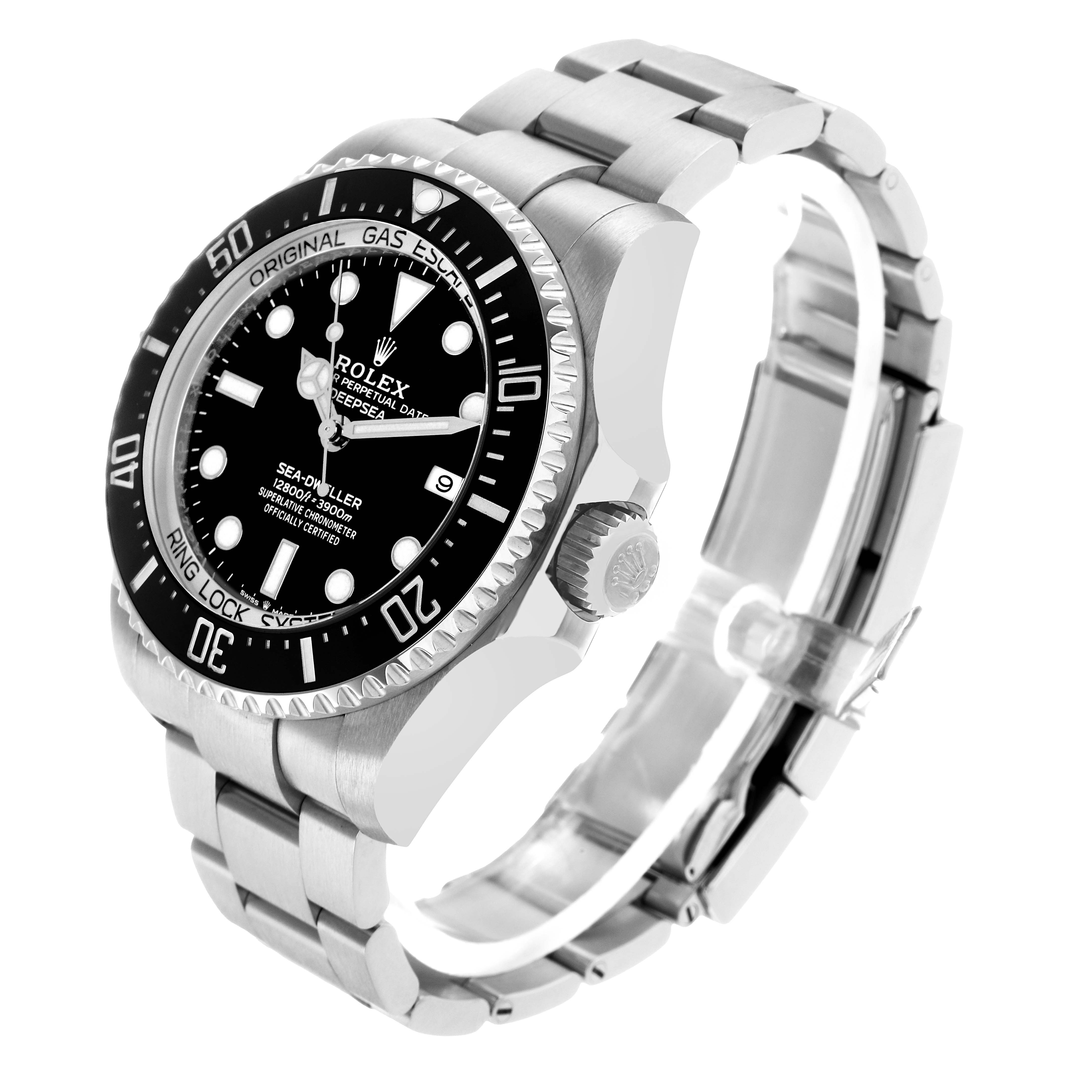The Rolex Sea-Dweller 126660 Men's Stainless Steel Black Dial watch is shown at a three-quarter angle, displaying its face, bezel, crown, and bracelet.