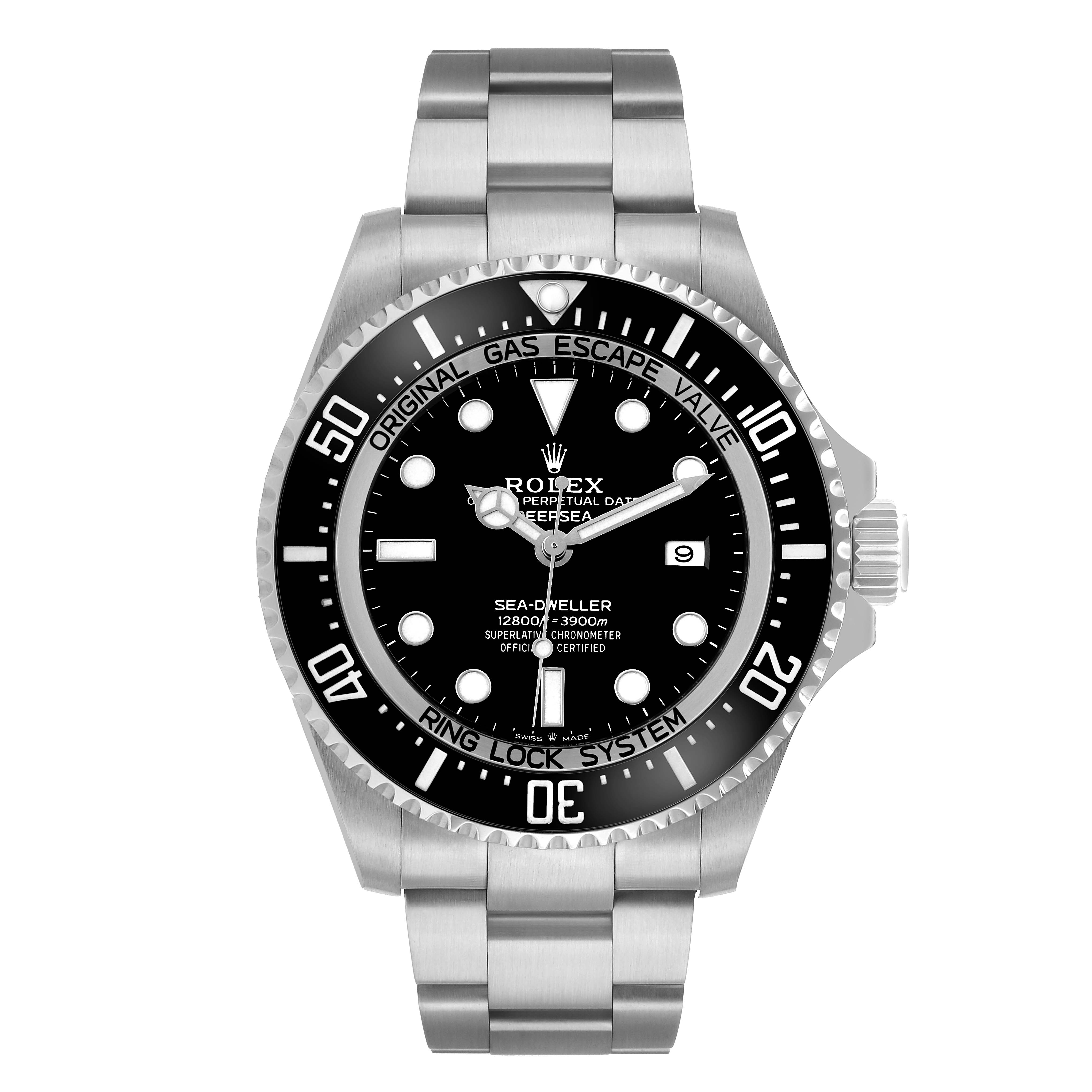 The Rolex Sea-Dweller 126660 Men's Stainless Steel Black Dial watch is shown from the front, highlighting the dial, bezel, and bracelet.