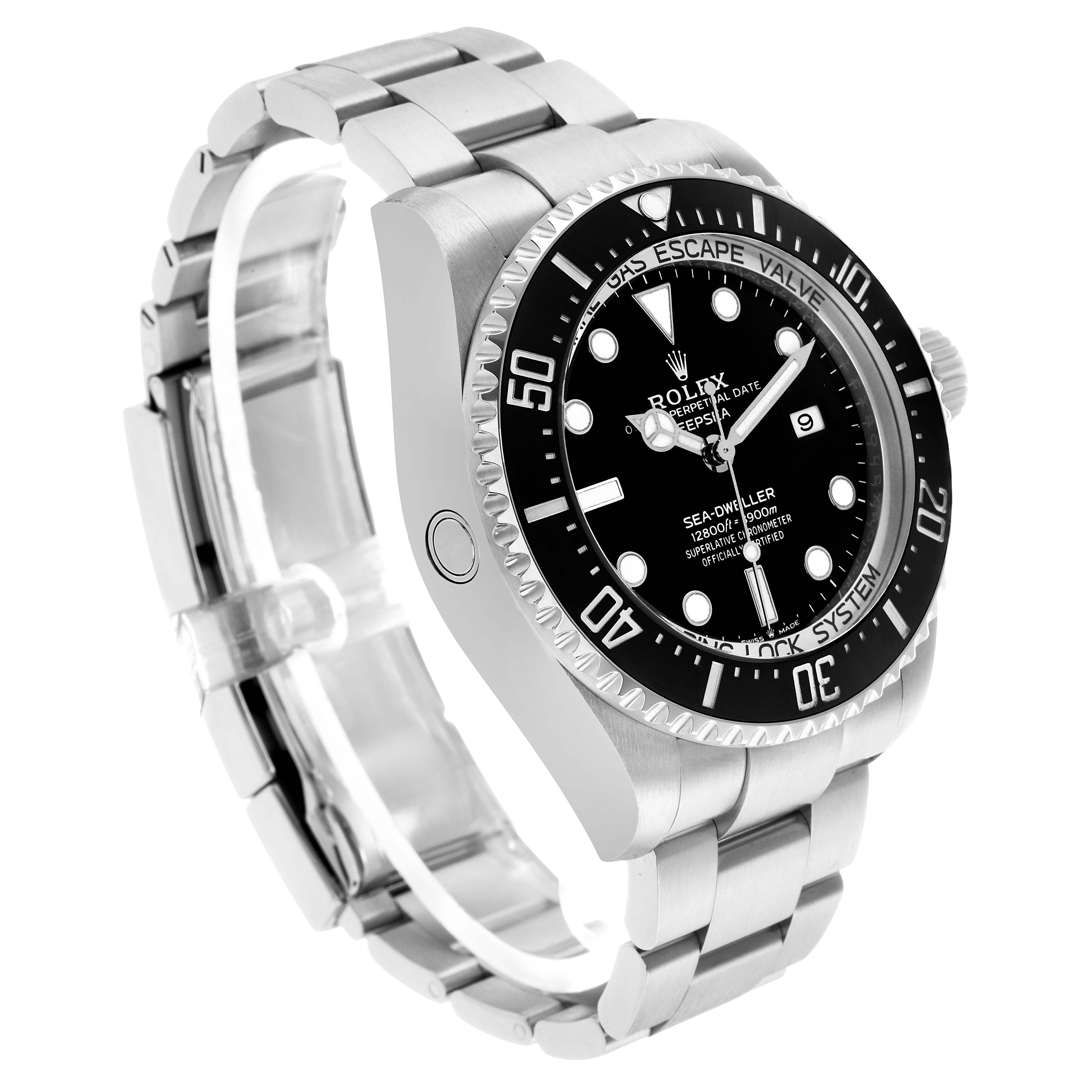 The Rolex Sea-Dweller 126660 Men's Stainless Steel Black Dial watch is shown from a three-quarter angle, highlighting the bezel, dial, crown, and bracelet.