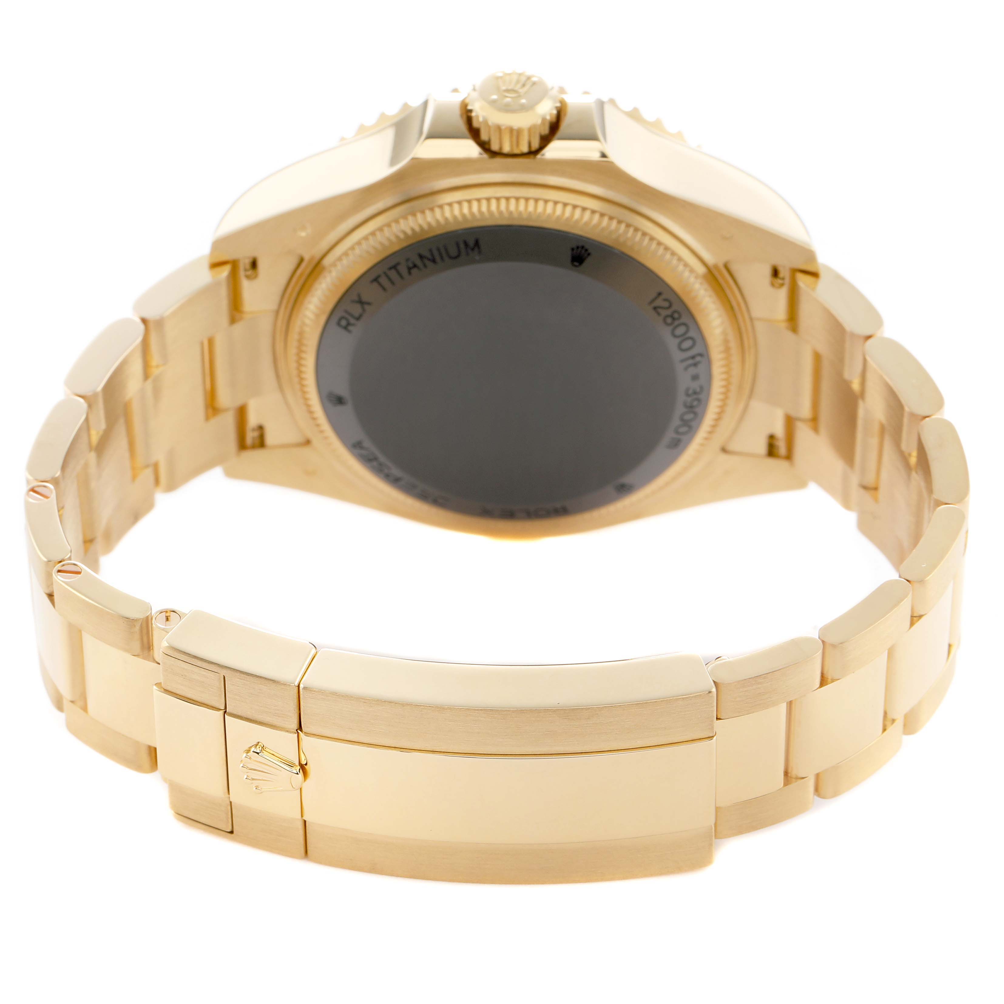 The image shows the back view of a Rolex Sea-Dweller 136668 Men's Yellow Gold Blue Dial watch, highlighting the case back, crown, and bracelet.