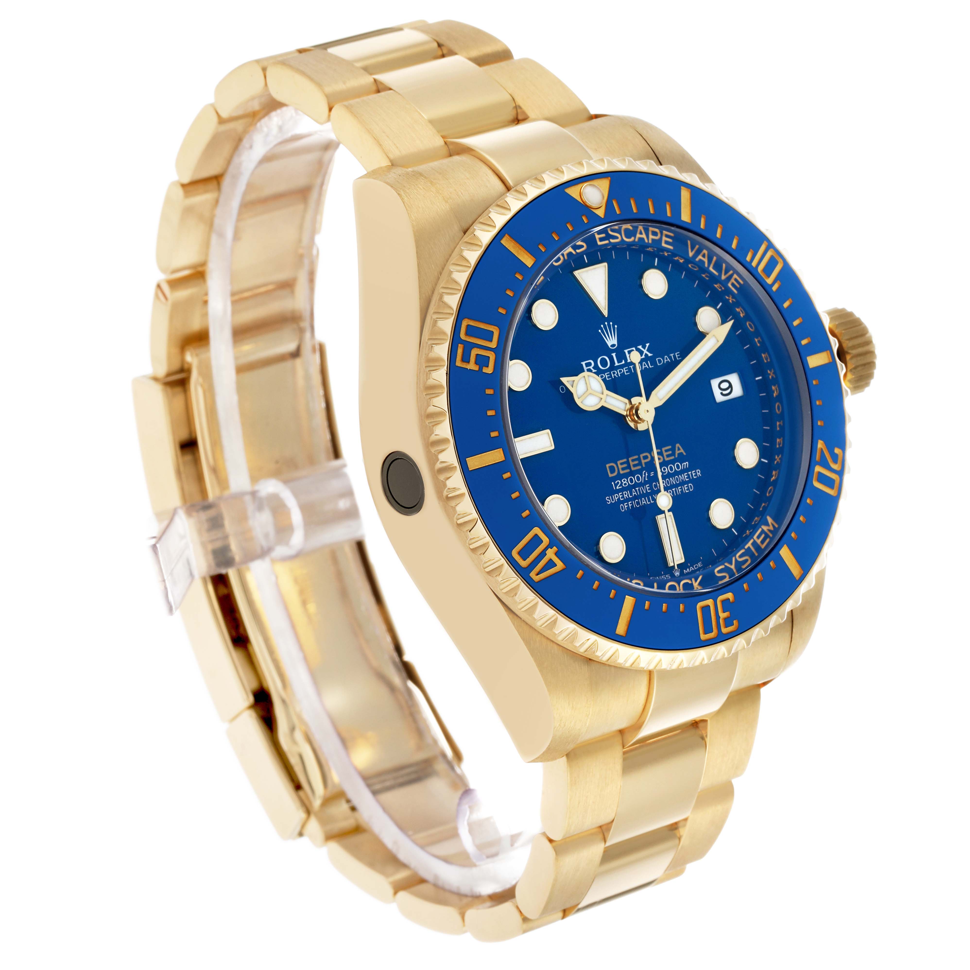 The Rolex Sea-Dweller 136668 Men's Yellow Gold Blue Dial is shown at an angled side view, highlighting the blue dial, bezel, case, and bracelet.
