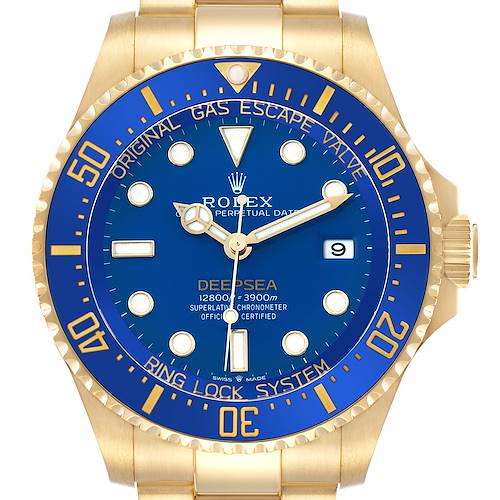 The Rolex Sea-Dweller 136668 Men's Yellow Gold Blue Dial watch is shown from the front, highlighting its blue dial and gold bezel.
