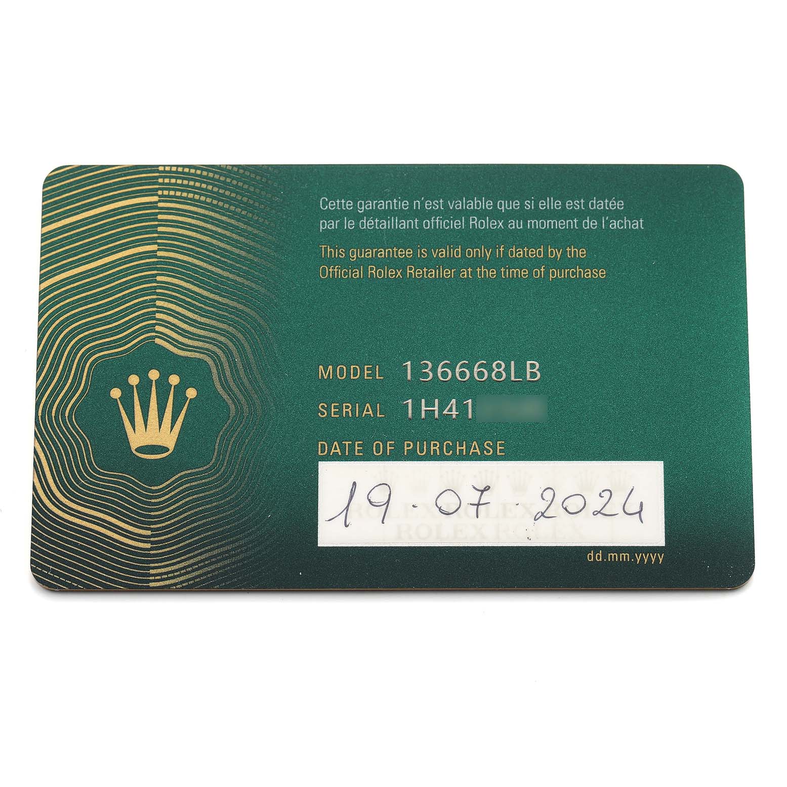 The image shows a flat view of a Rolex guarantee card for the Sea-Dweller model.