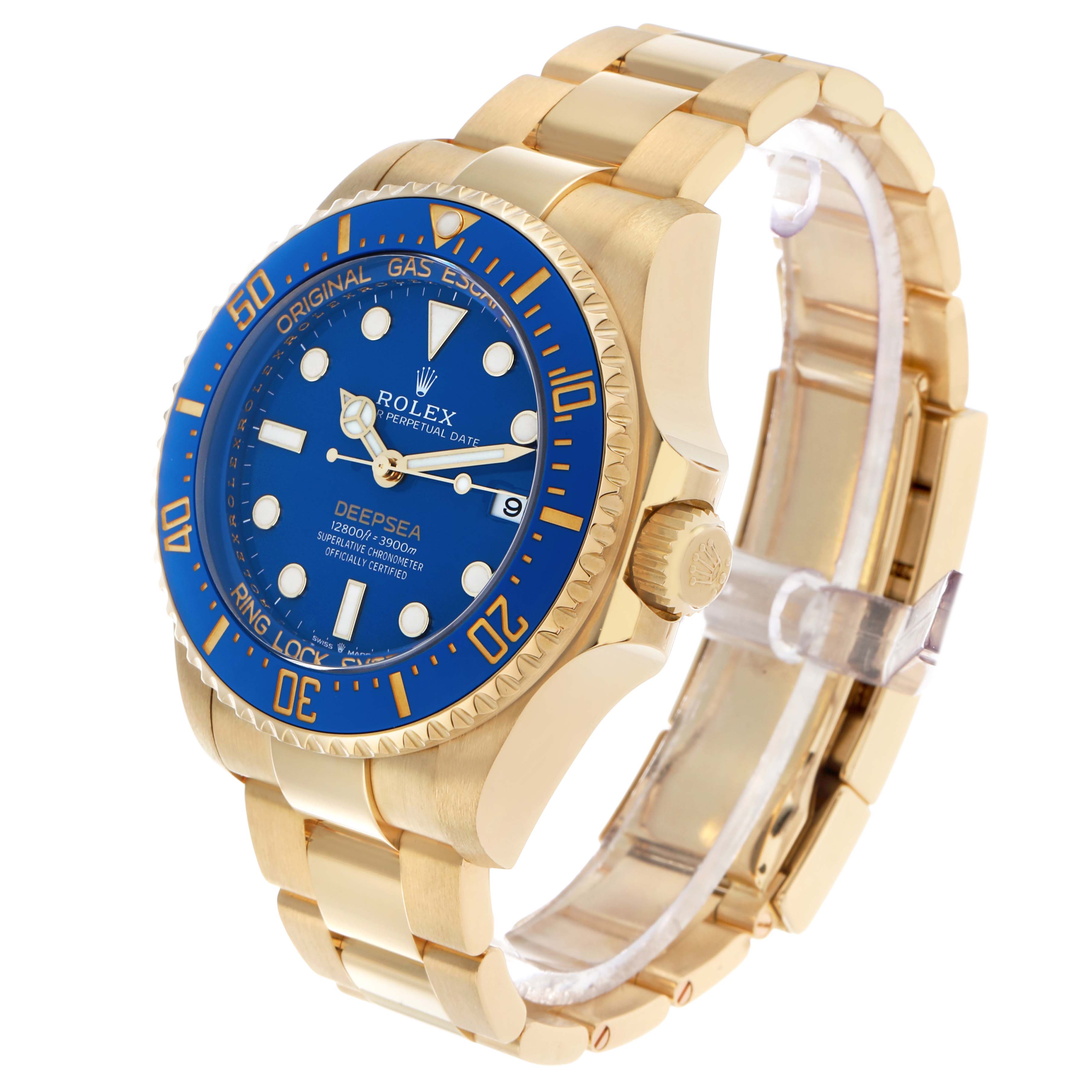 The Rolex Sea-Dweller 136668 Men's Yellow Gold Blue Dial is shown at a slight angle displaying the dial, bezel, crown, and bracelet in a side profile.