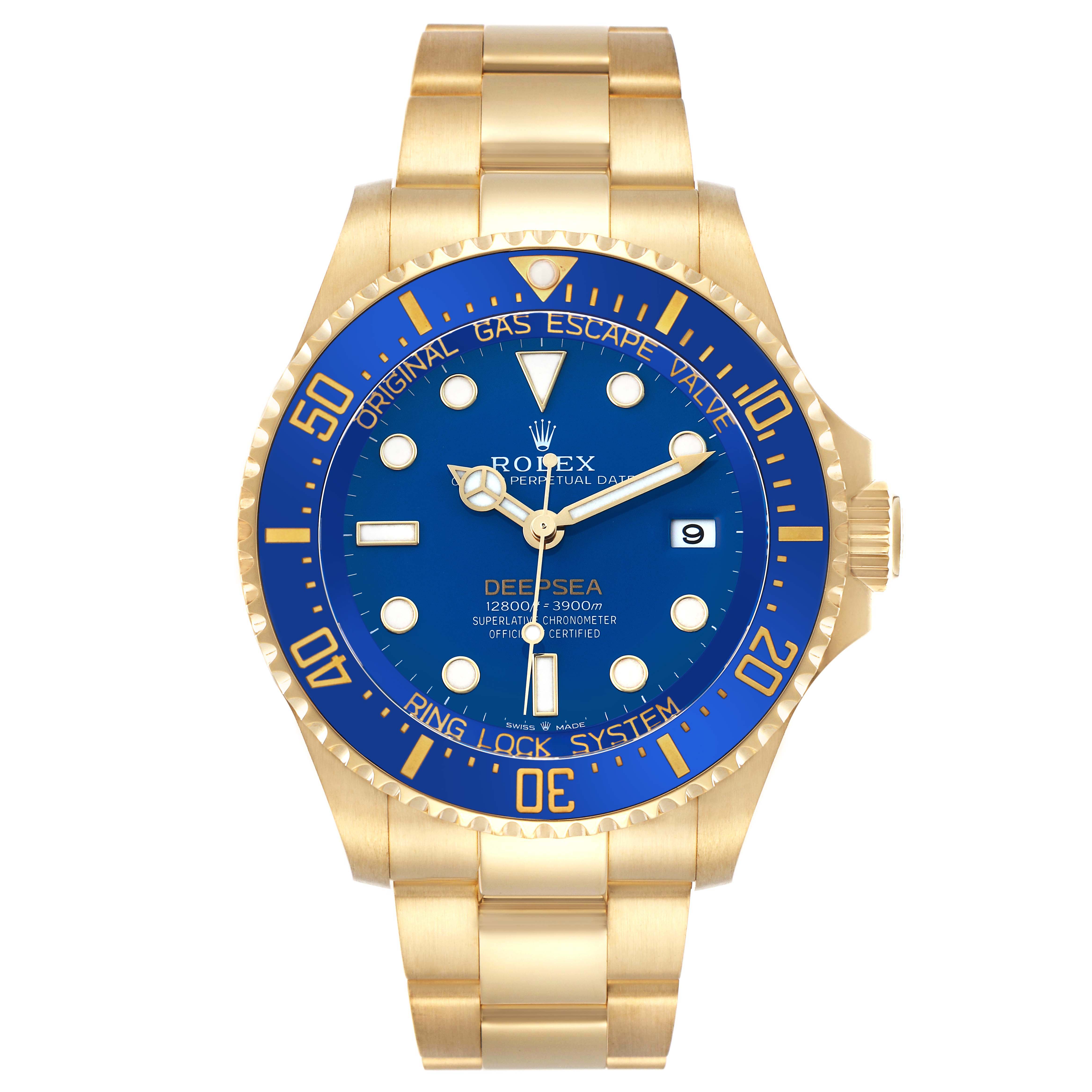The Rolex Sea-Dweller 136668 Men's Yellow Gold Blue Dial watch is shown from the front, highlighting its blue dial, bezel, and bracelet.
