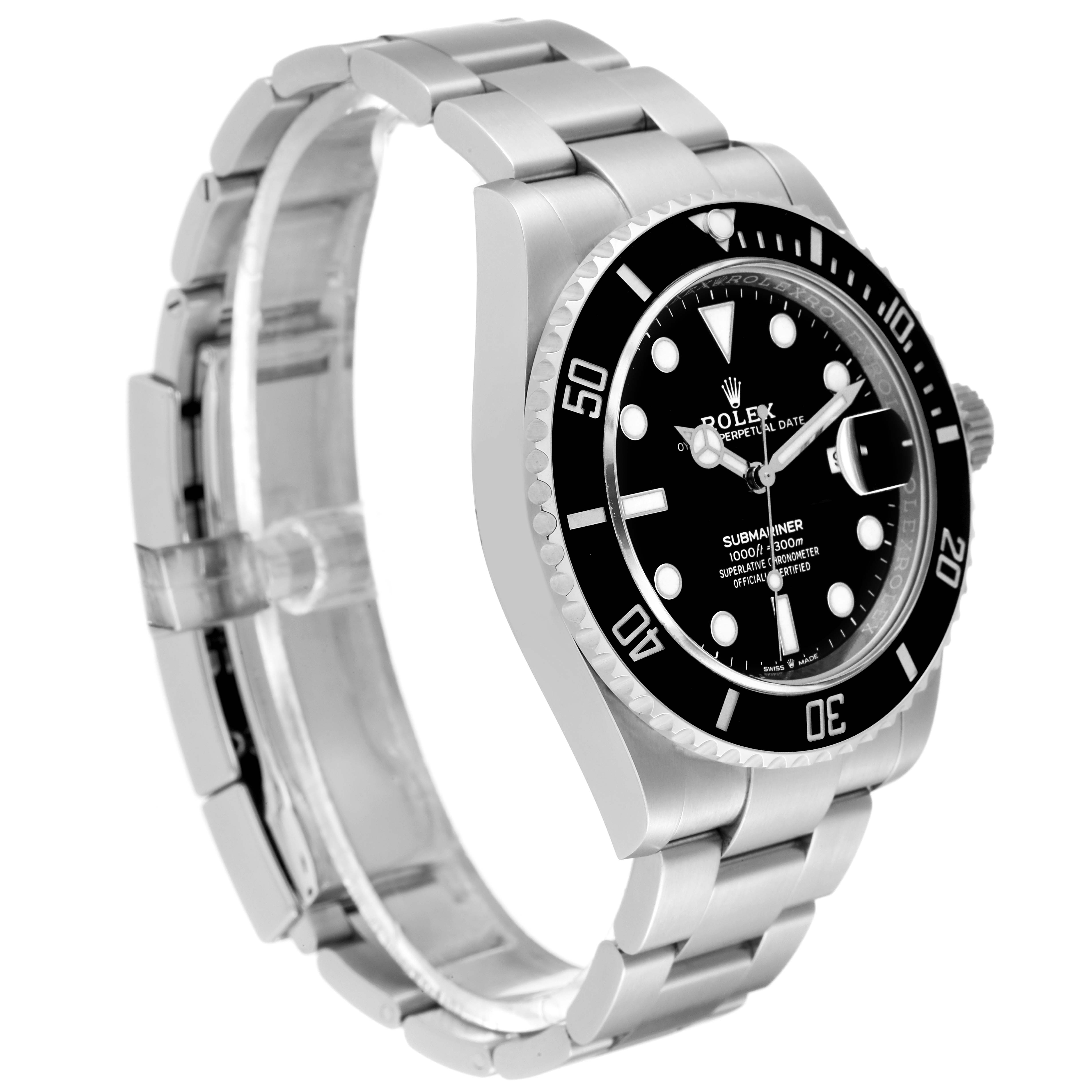 This image shows a Rolex Submariner 126610LN Men
s Stainless Steel Black Dial 126610LN Men
s Stainless Steel Black Dial watch at a three-quarter angle, highlighting the dial, bezel, and bracelet.