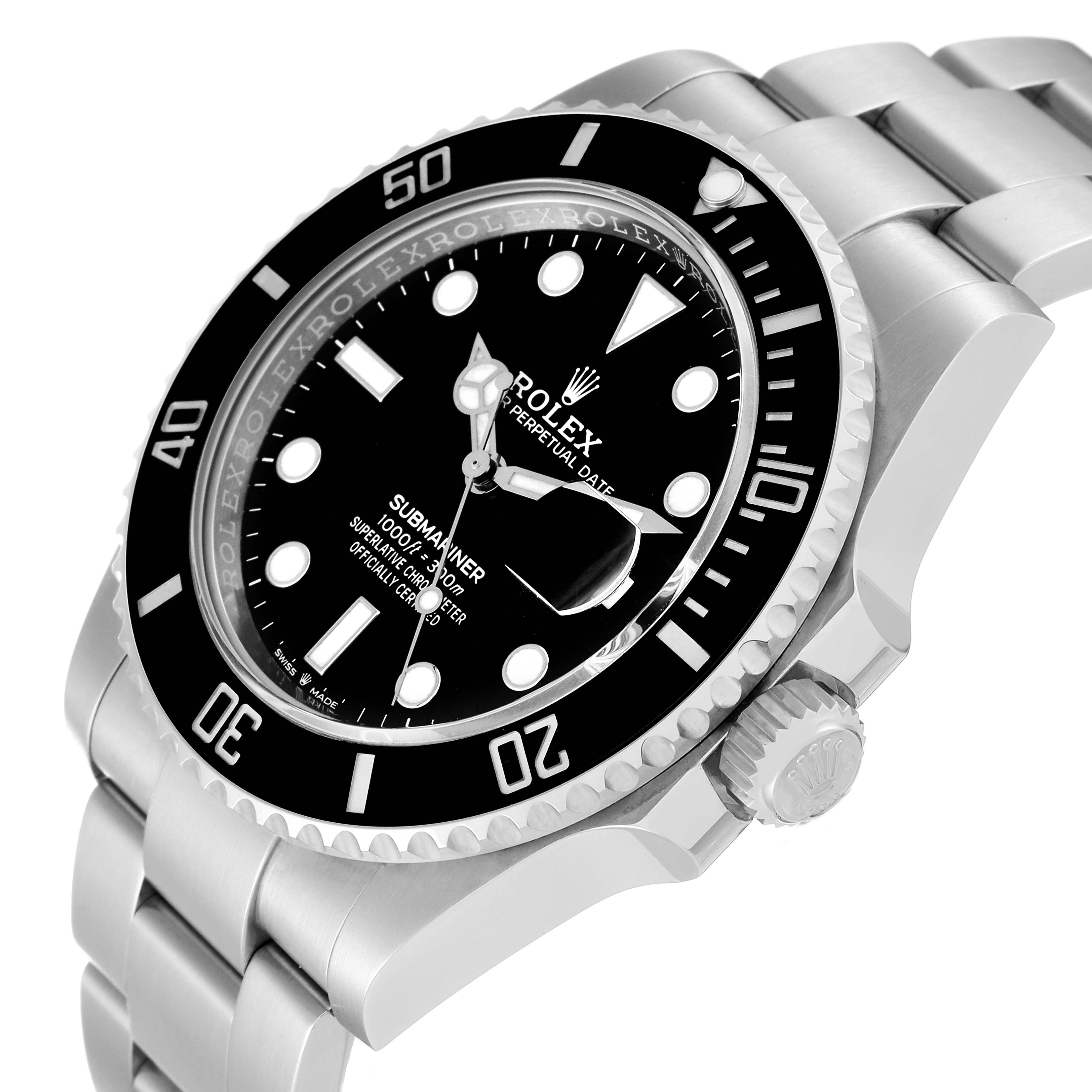 The image shows a Rolex Submariner 126610LN Men
s Stainless Steel Black Dial 126610LN Men
s Stainless Steel Black Dial watch angled slightly from the front, displaying its face, bezel, and bracelet.