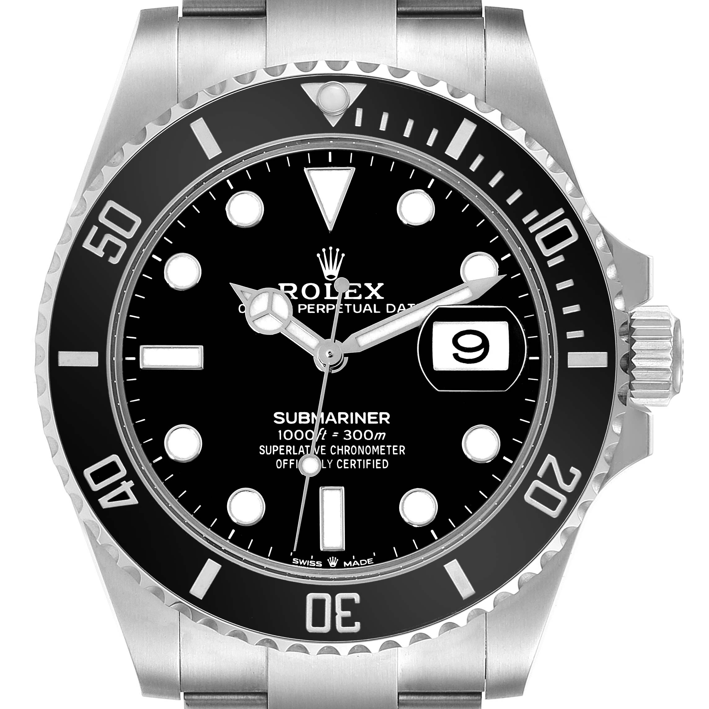 This is a front view of the Rolex Submariner 126610LN Men
s Stainless Steel Black Dial 126610LN Men
s Stainless Steel Black Dial showcasing its dial, bezel, hands, and part of the bracelet.