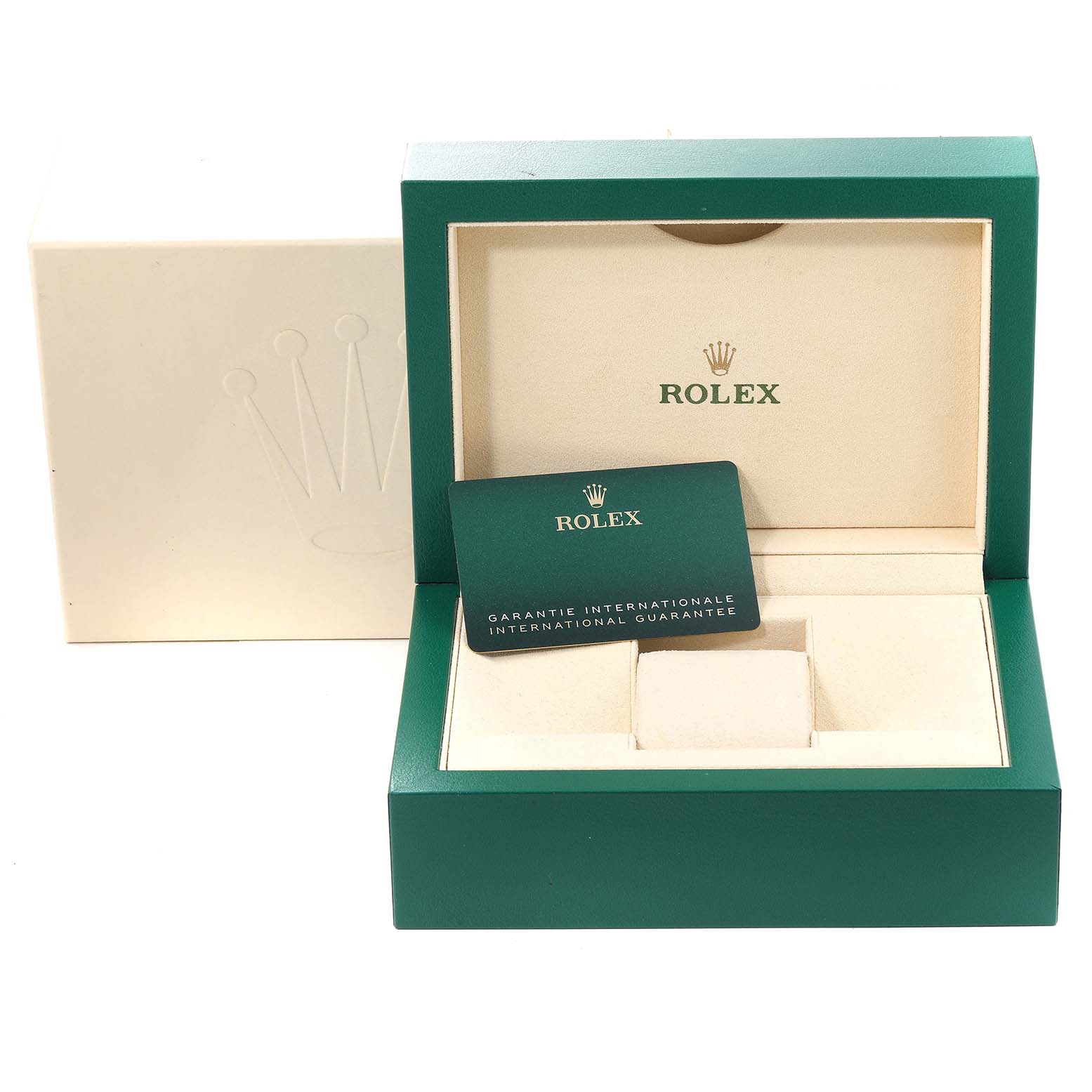 This image shows an open Rolex Submariner 126610LN Men
s Stainless Steel Black Dial 126610LN Men
s Stainless Steel Black Dial watch box with the international guarantee card placed inside.