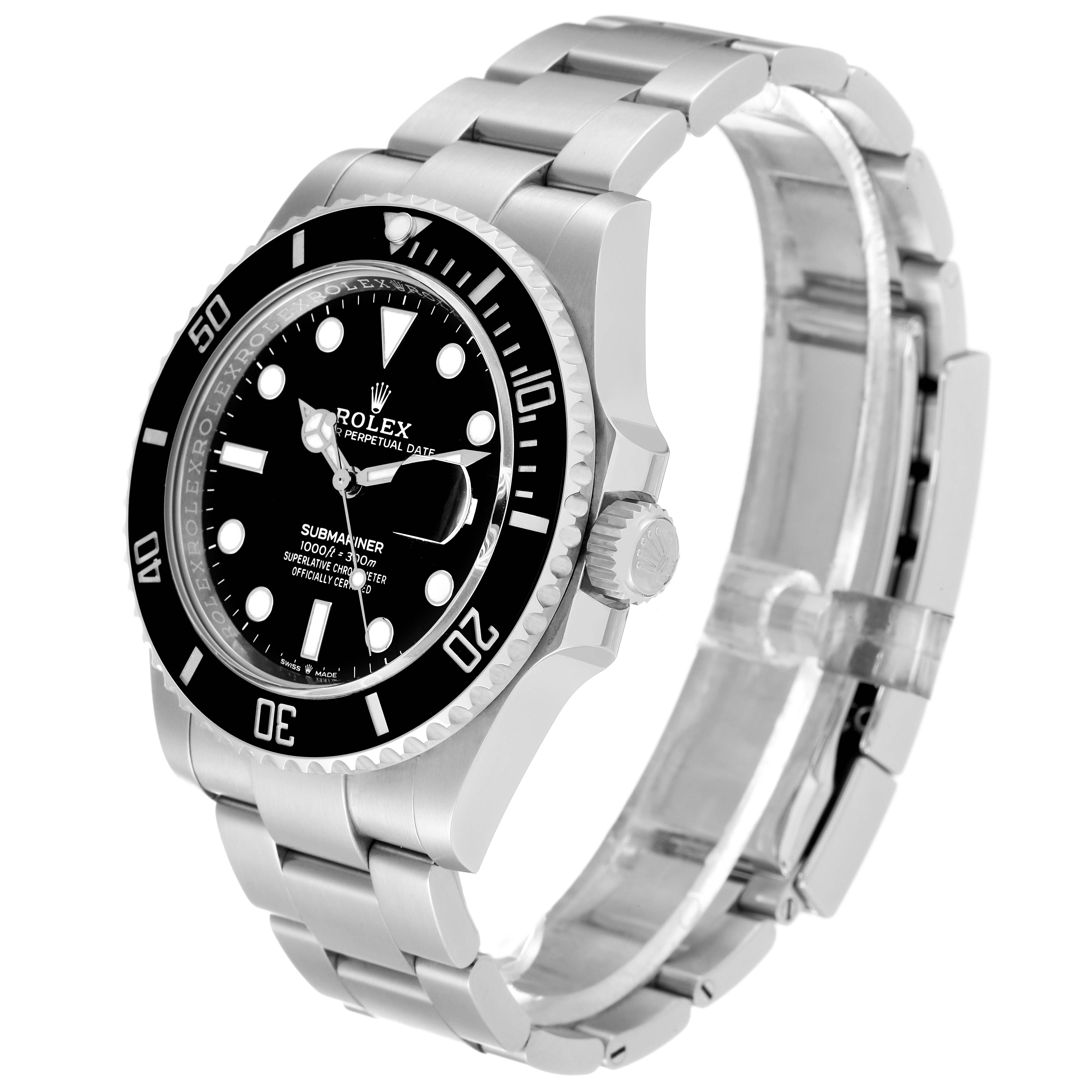 The image shows the Rolex Submariner 126610LN Men
s Stainless Steel Black Dial 126610LN Men
s Stainless Steel Black Dial watch from an angled side view, highlighting the bezel, dial, crown, and bracelet.