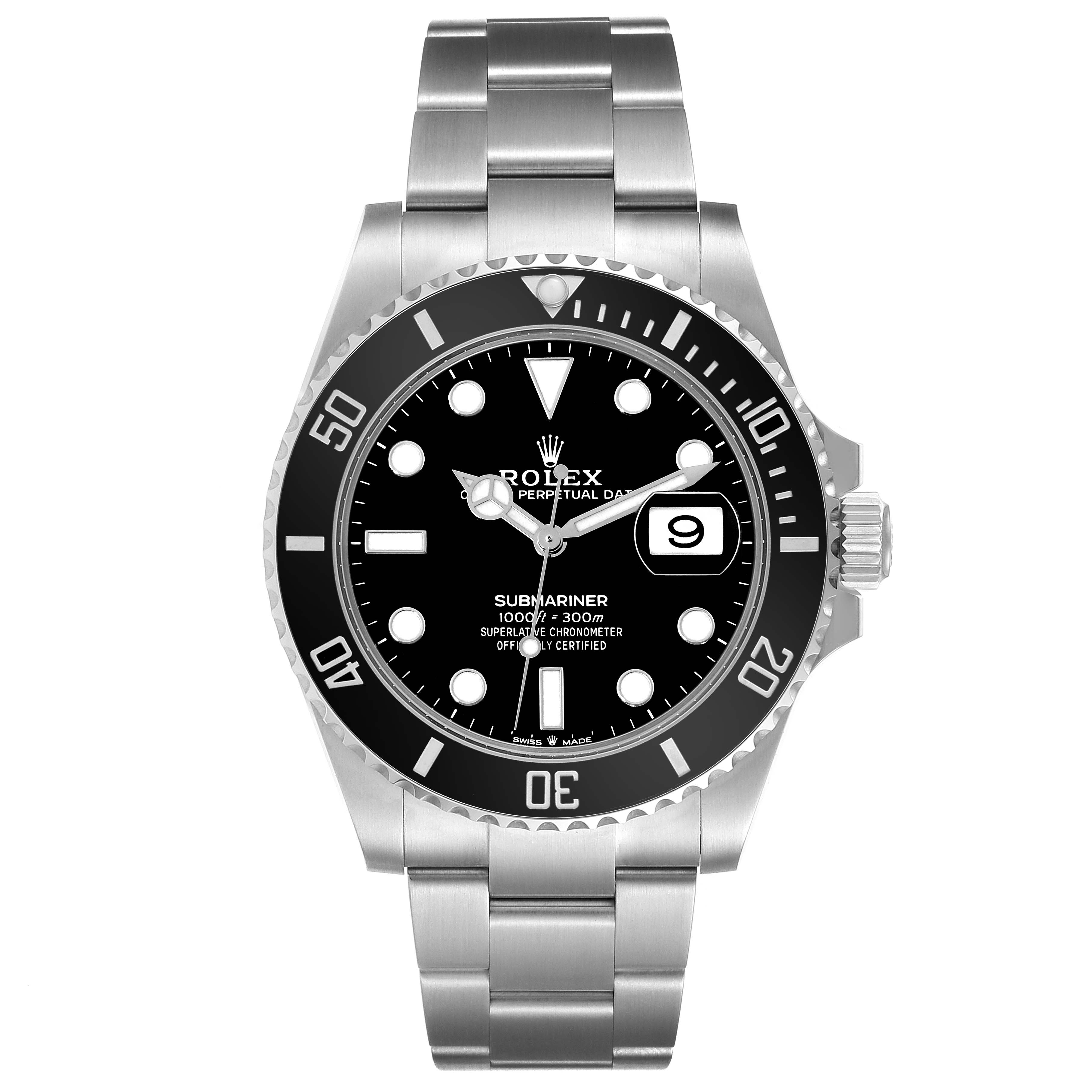 This image shows a front view of the Rolex Submariner 126610LN Men
s Stainless Steel Black Dial 126610LN Men
s Stainless Steel Black Dial watch, highlighting the bezel, dial, hands, and bracelet.