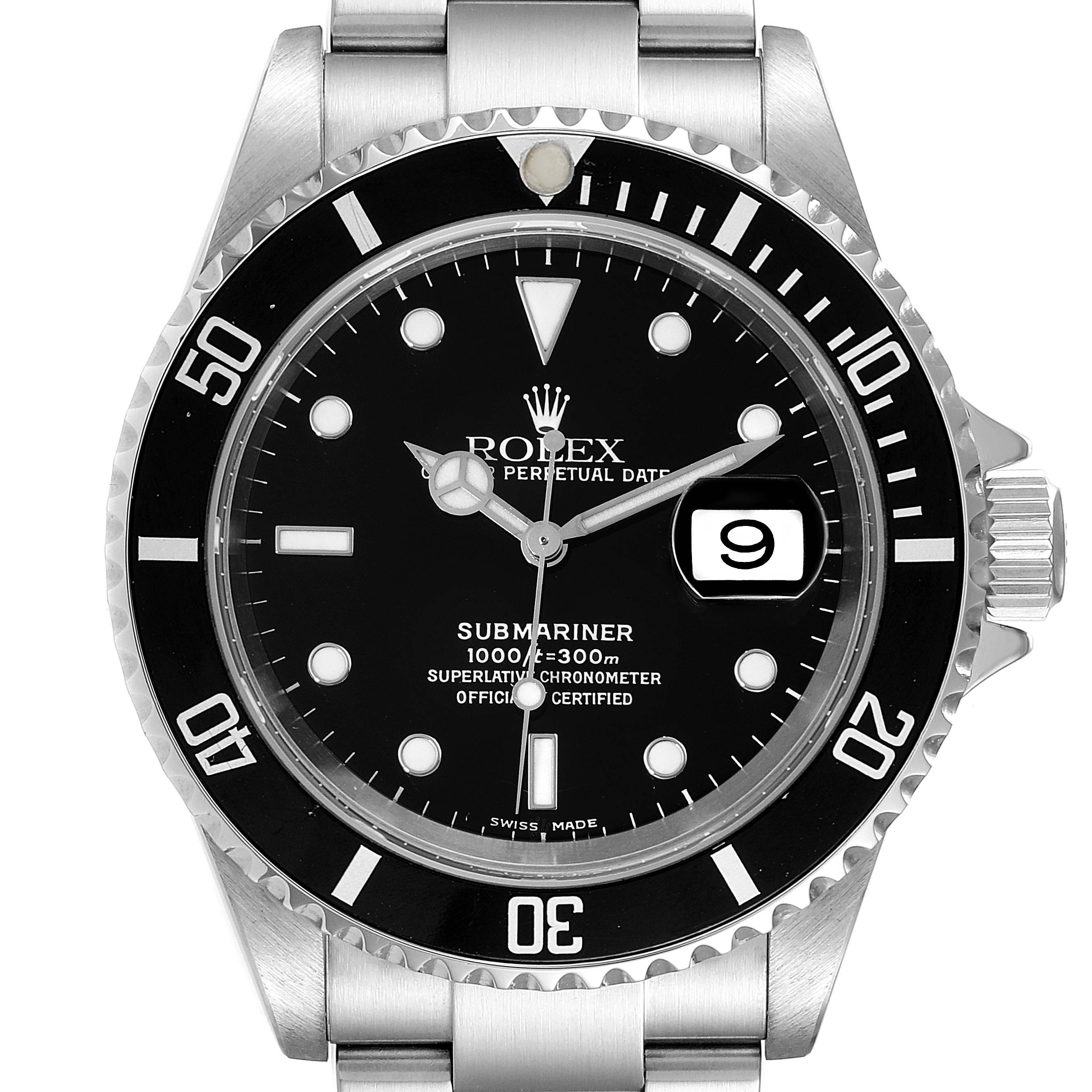 The image shows a front view of a Rolex Submariner 16610 Men
s Stainless Steel Black Dial 16610 Men
s Stainless Steel Black Dial watch, highlighting the dial, bezel, and part of the bracelet.