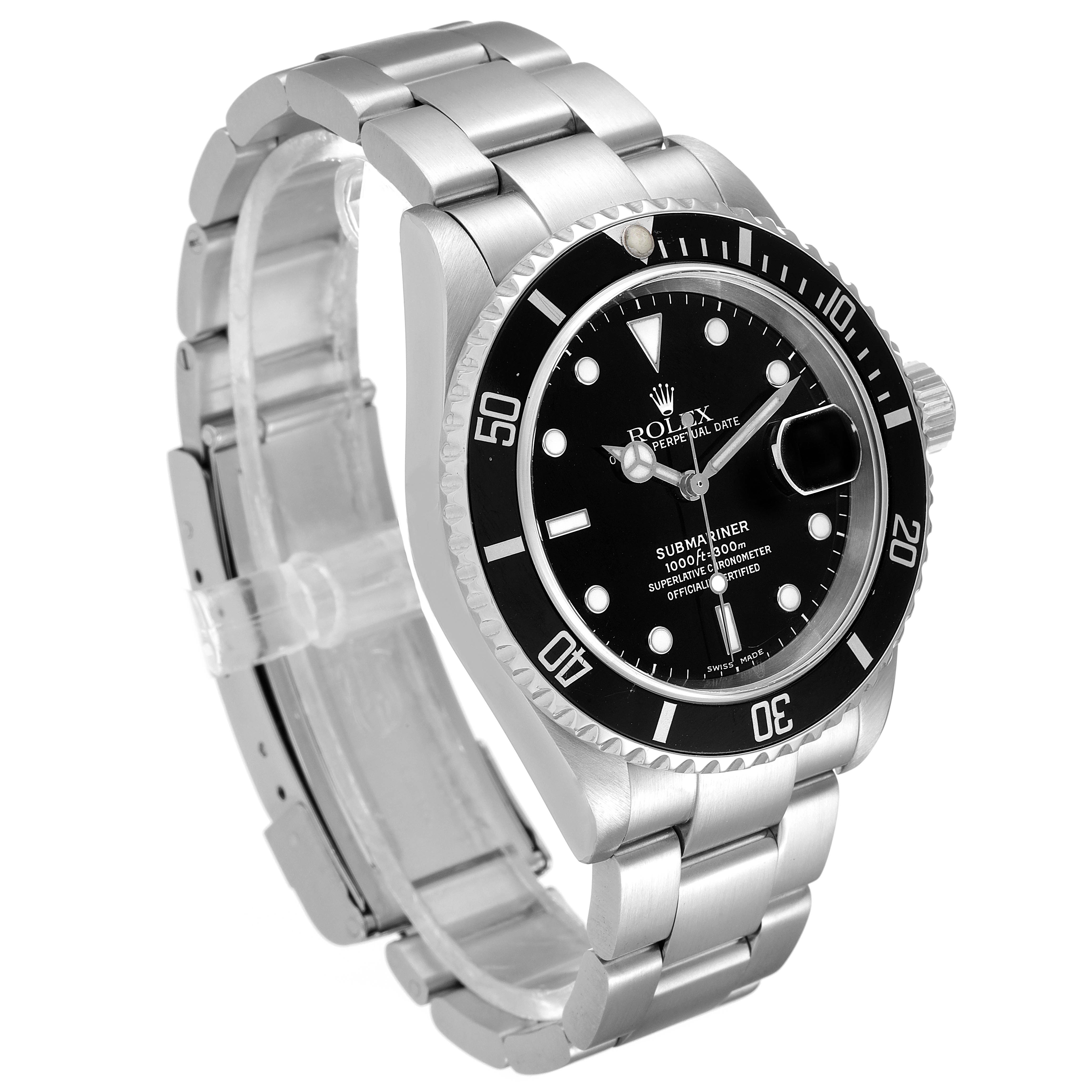 This image shows a Rolex Submariner 16610 Men
s Stainless Steel Black Dial 16610 Men
s Stainless Steel Black Dial watch from a front-side angle, featuring the dial, bezel, and band.