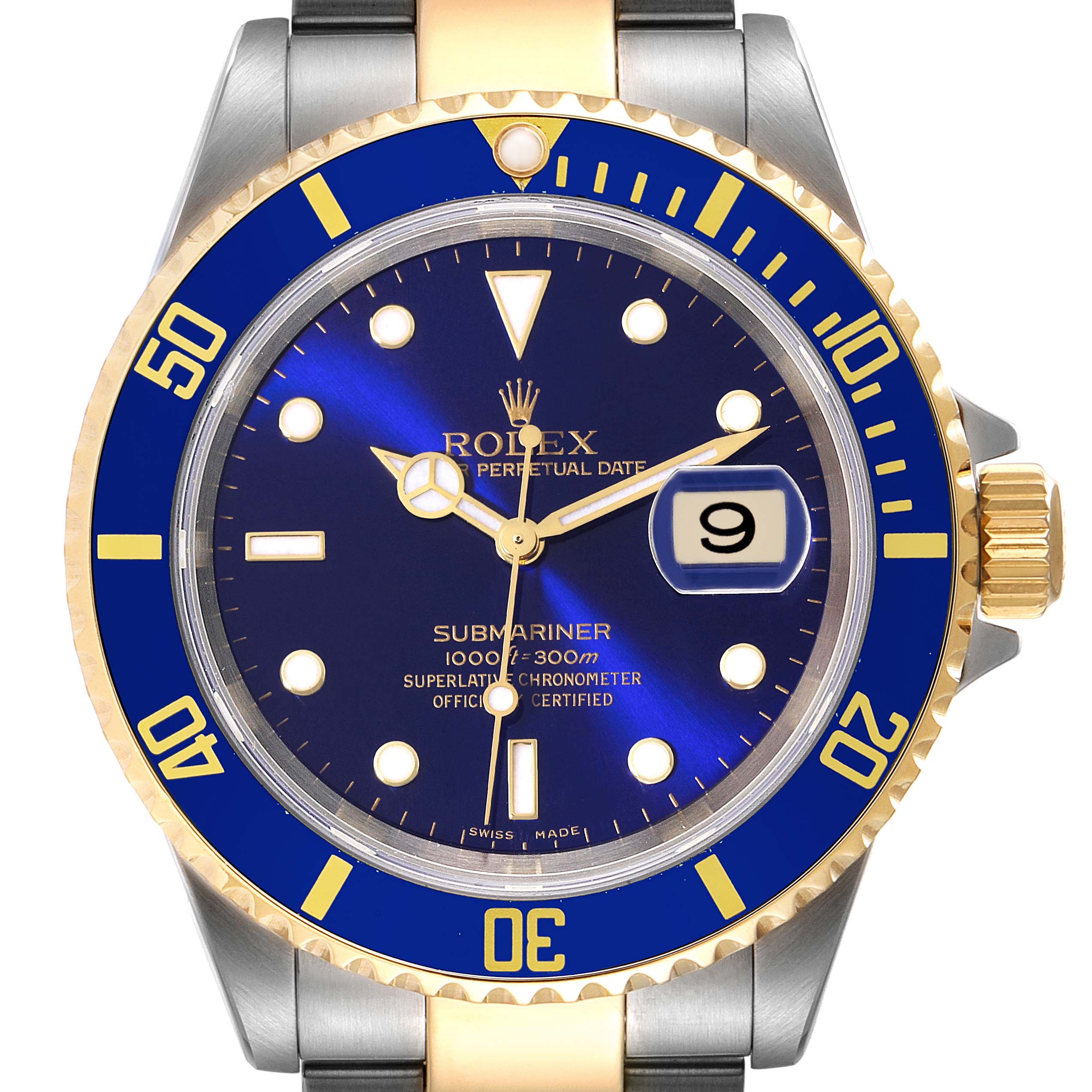 The image shows a front view of the Rolex Submariner 16613 Men's Steel and Gold (two tone) Blue Dial 16613 Men's Steel and Gold (two tone) Blue Dial, highlighting its blue dial, bezel, and date window.