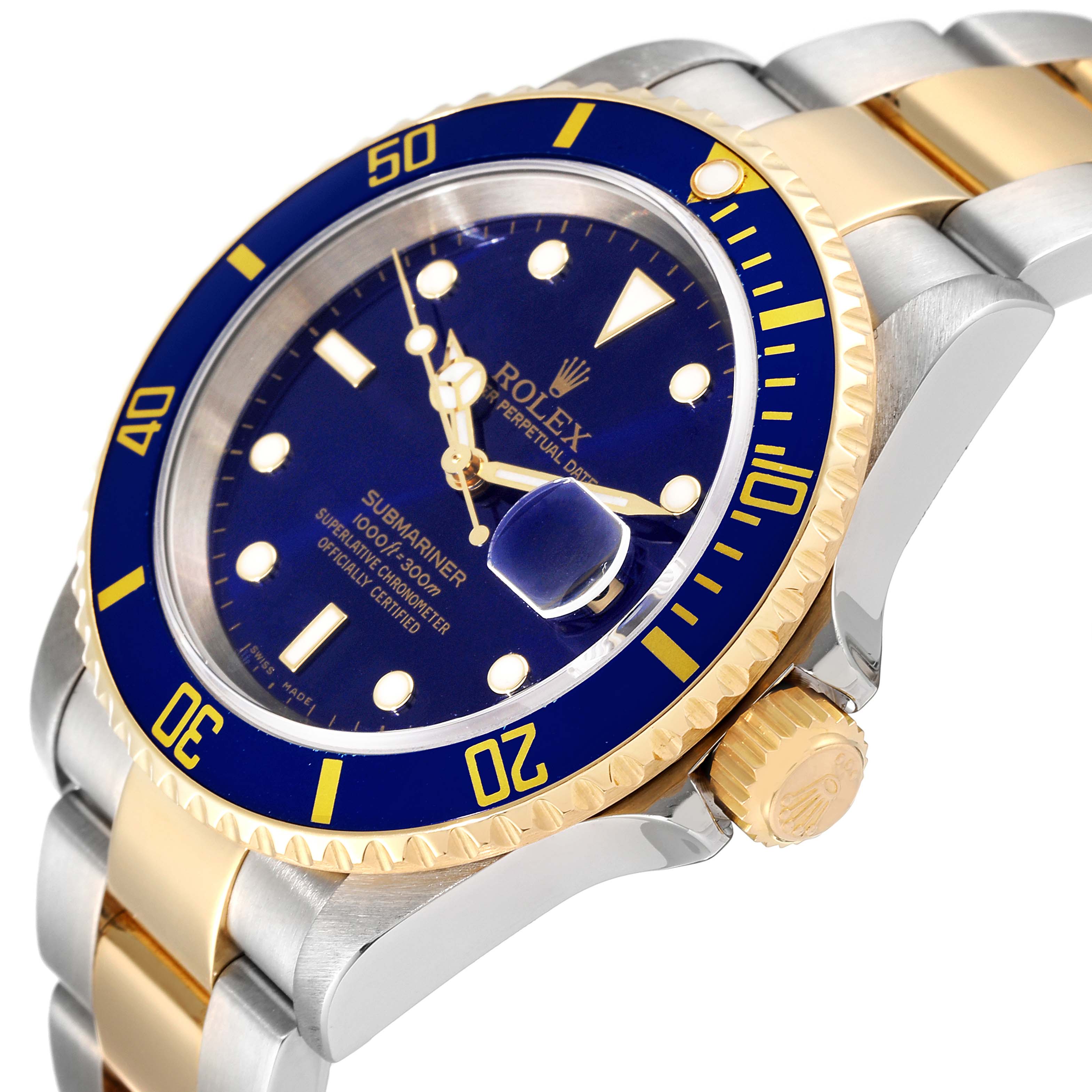 The image shows a close-up of the Rolex Submariner 16613 Men's Steel and Gold (two tone) Blue Dial 16613 Men's Steel and Gold (two tone) Blue Dial watch at an angle, highlighting its blue dial, bezel, and two-tone bracelet.