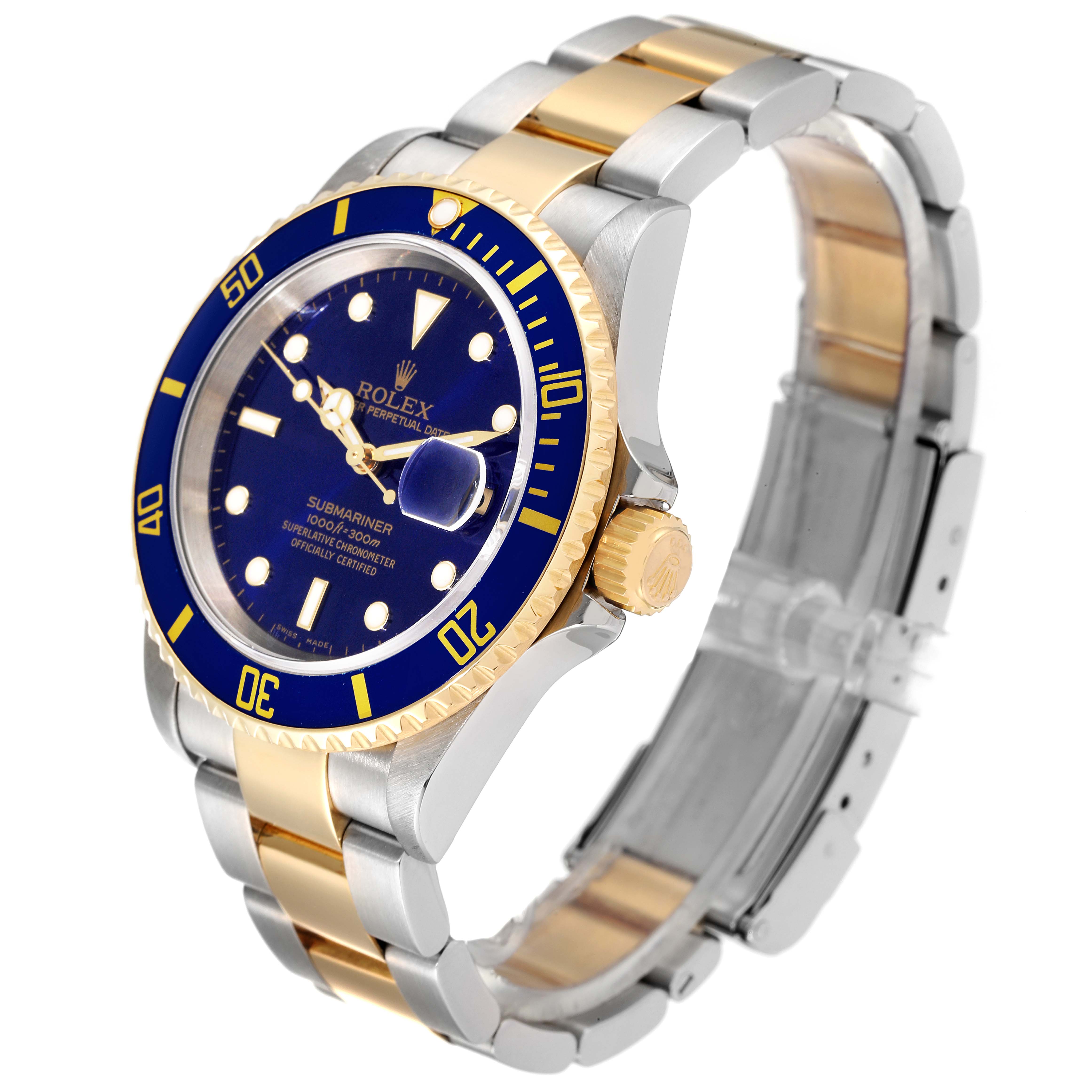The Rolex Submariner 16613 Men's Steel and Gold (two tone) Blue Dial 16613 Men's Steel and Gold (two tone) Blue Dial watch is shown at an angle displaying its blue dial, bezel, gold crown, and two-tone metal bracelet.