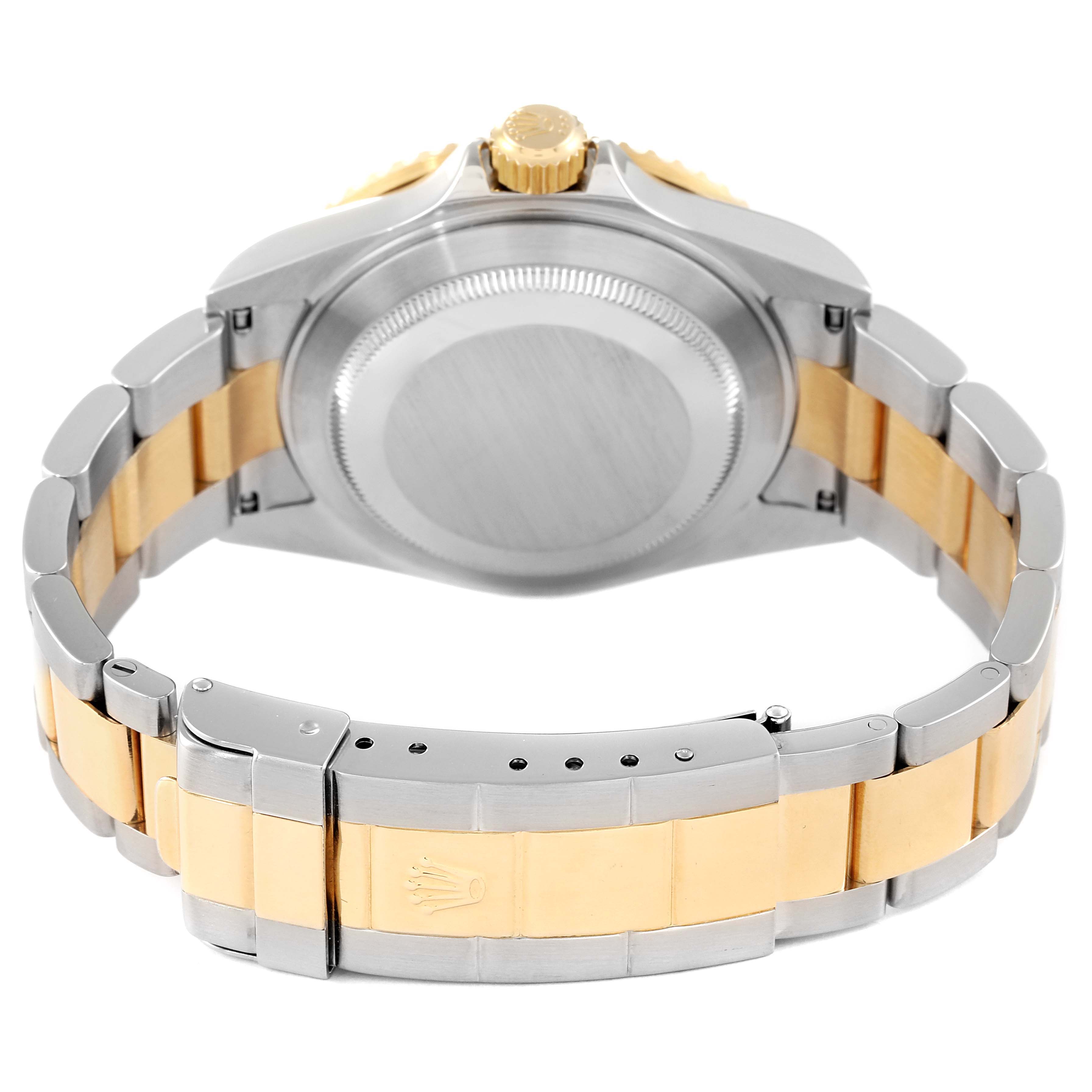 This image shows the back case and bracelet of a Rolex Submariner 16613 Men's Steel and Gold (two tone) Blue Dial 16613 Men's Steel and Gold (two tone) Blue Dial watch, focusing on the clasp and crown.