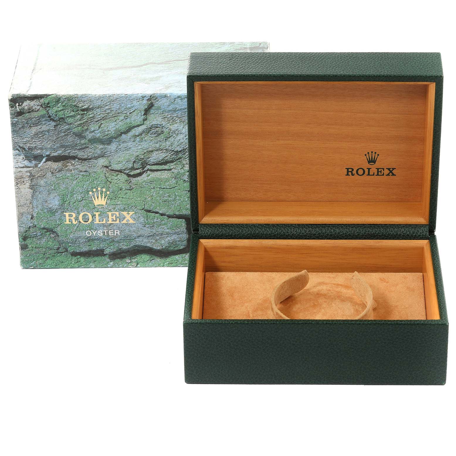 The image shows an empty Rolex Submariner 16613 Men's Steel and Gold (two tone) Blue Dial 16613 Men's Steel and Gold (two tone) Blue Dial watch box with its outer packaging, upper half-open revealing the inside branding.