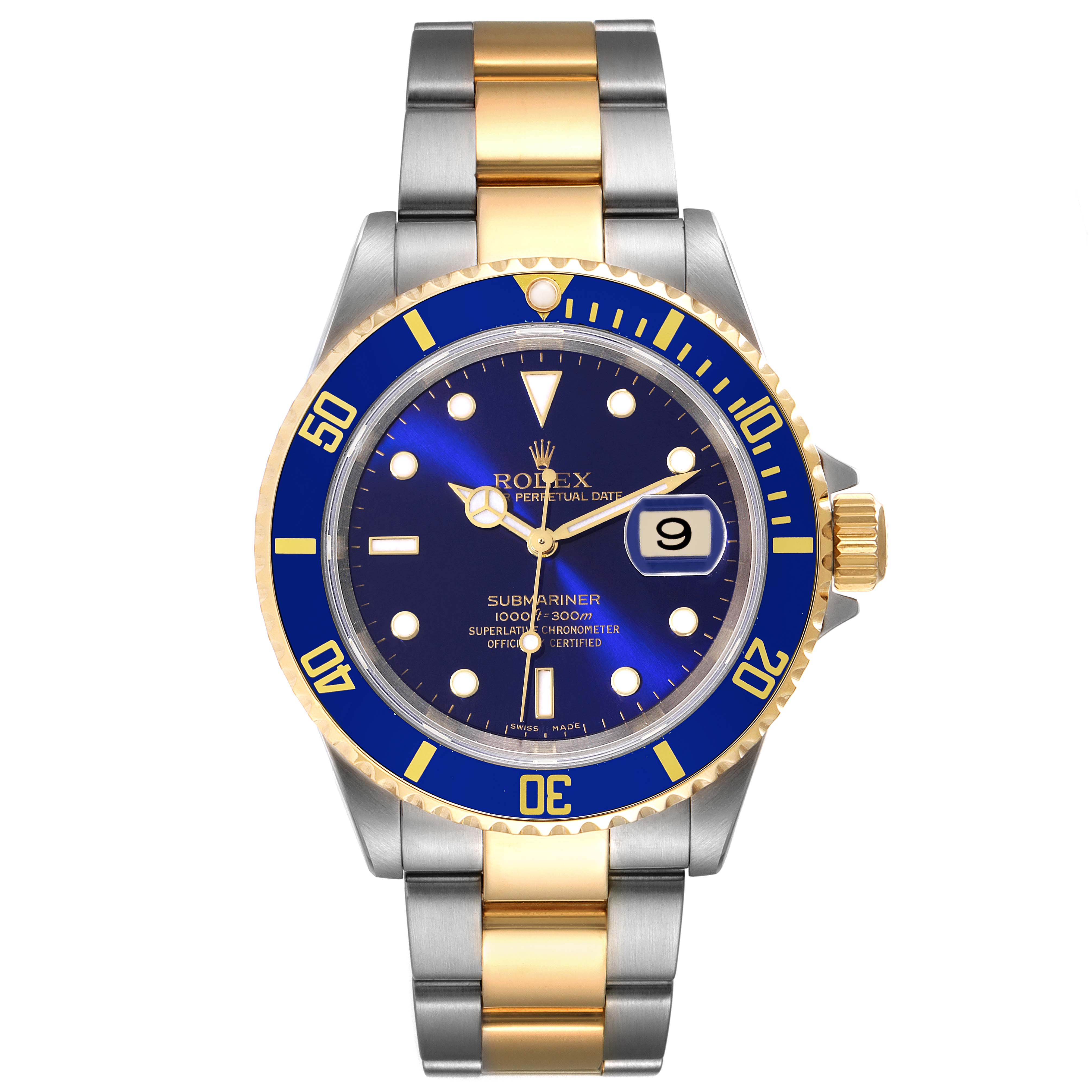 This image shows a front view of the Rolex Submariner 16613 Men's Steel and Gold (two tone) Blue Dial 16613 Men's Steel and Gold (two tone) Blue Dial watch featuring a blue dial and bezel with a gold and silver band.