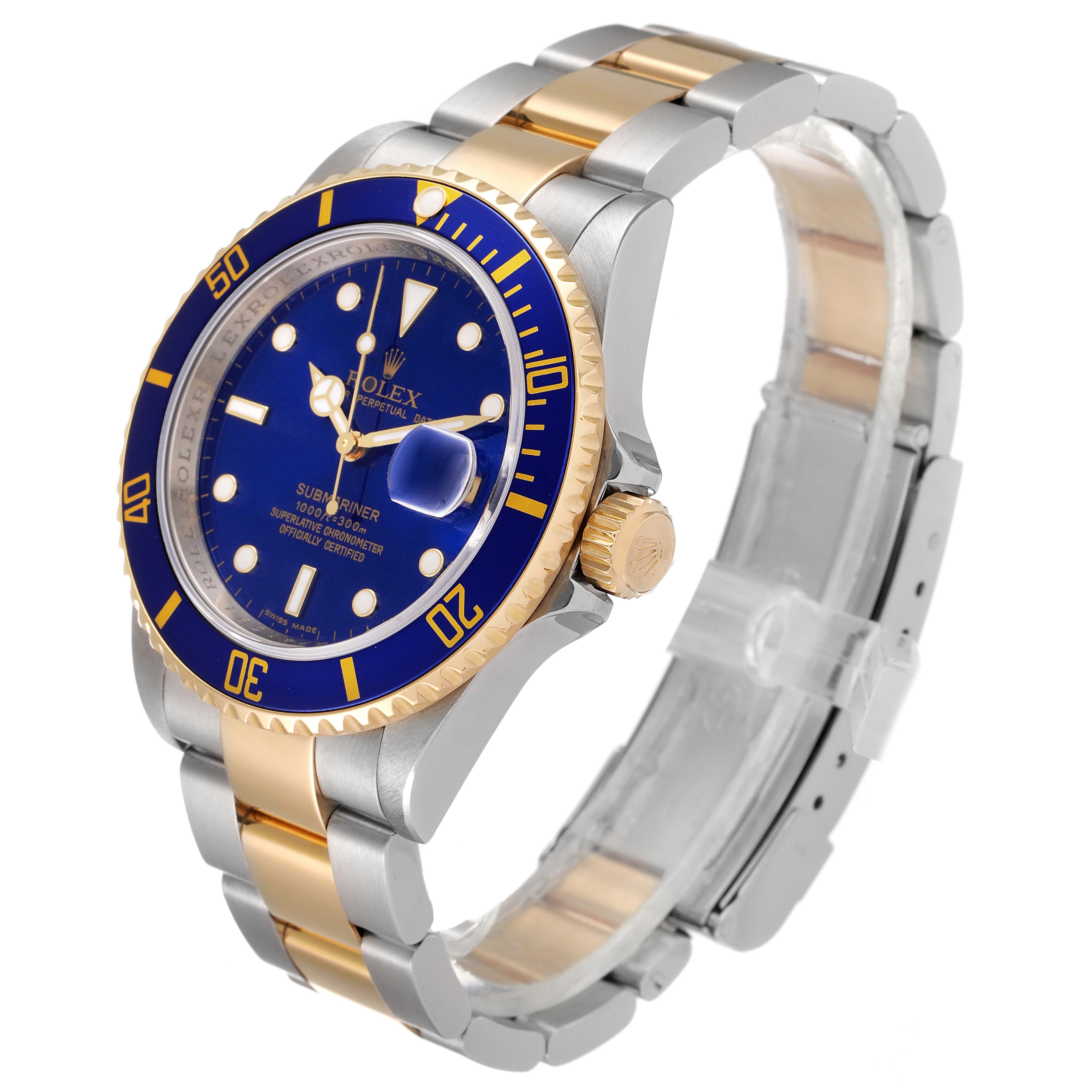 The image shows a Rolex Submariner 16613 Men
s Steel and Gold (two tone) Blue Dial 16613 Men
s Steel and Gold (two tone) Blue Dial watch at a three-quarter angle highlighting the dial, bezel, crown, and bracelet.