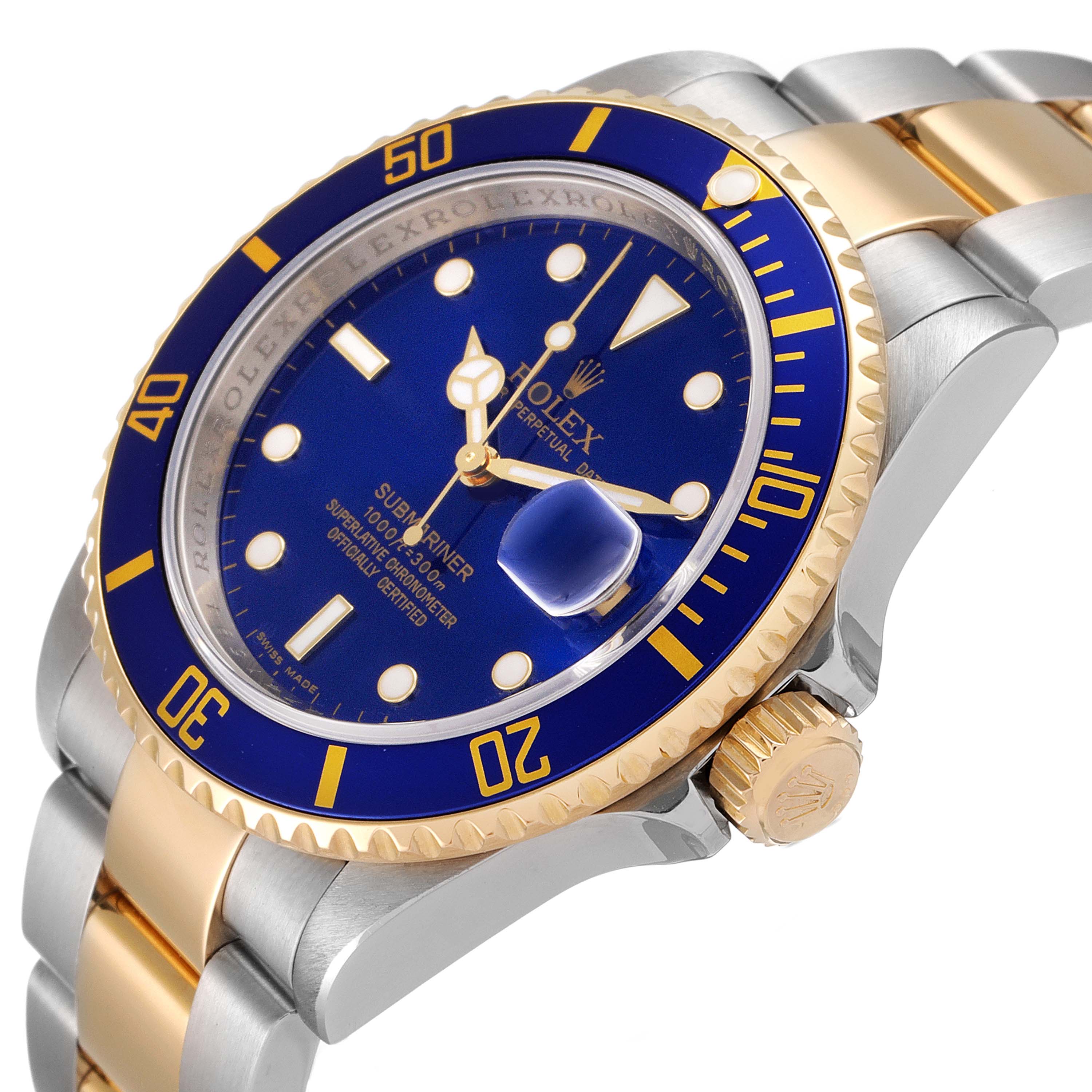 The image shows a Rolex Submariner 16613 Men
s Steel and Gold (two tone) Blue Dial 16613 Men
s Steel and Gold (two tone) Blue Dial from an angled view, highlighting its blue bezel, blue dial, gold crown, and two-tone bracelet.