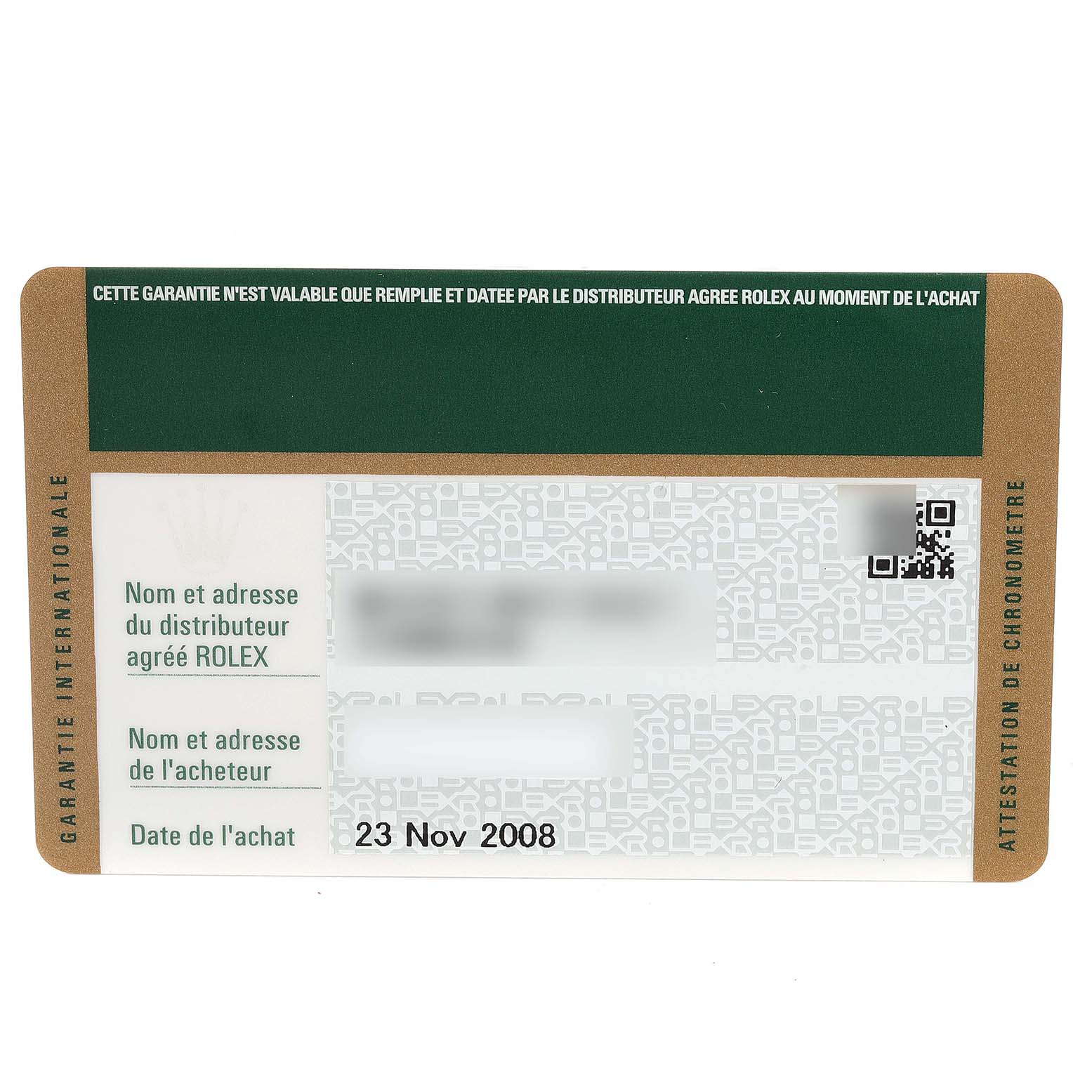 This image shows the international warranty card for a Rolex Submariner 16613 Men
s Steel and Gold (two tone) Blue Dial 16613 Men
s Steel and Gold (two tone) Blue Dial, displaying purchase and distributor details.