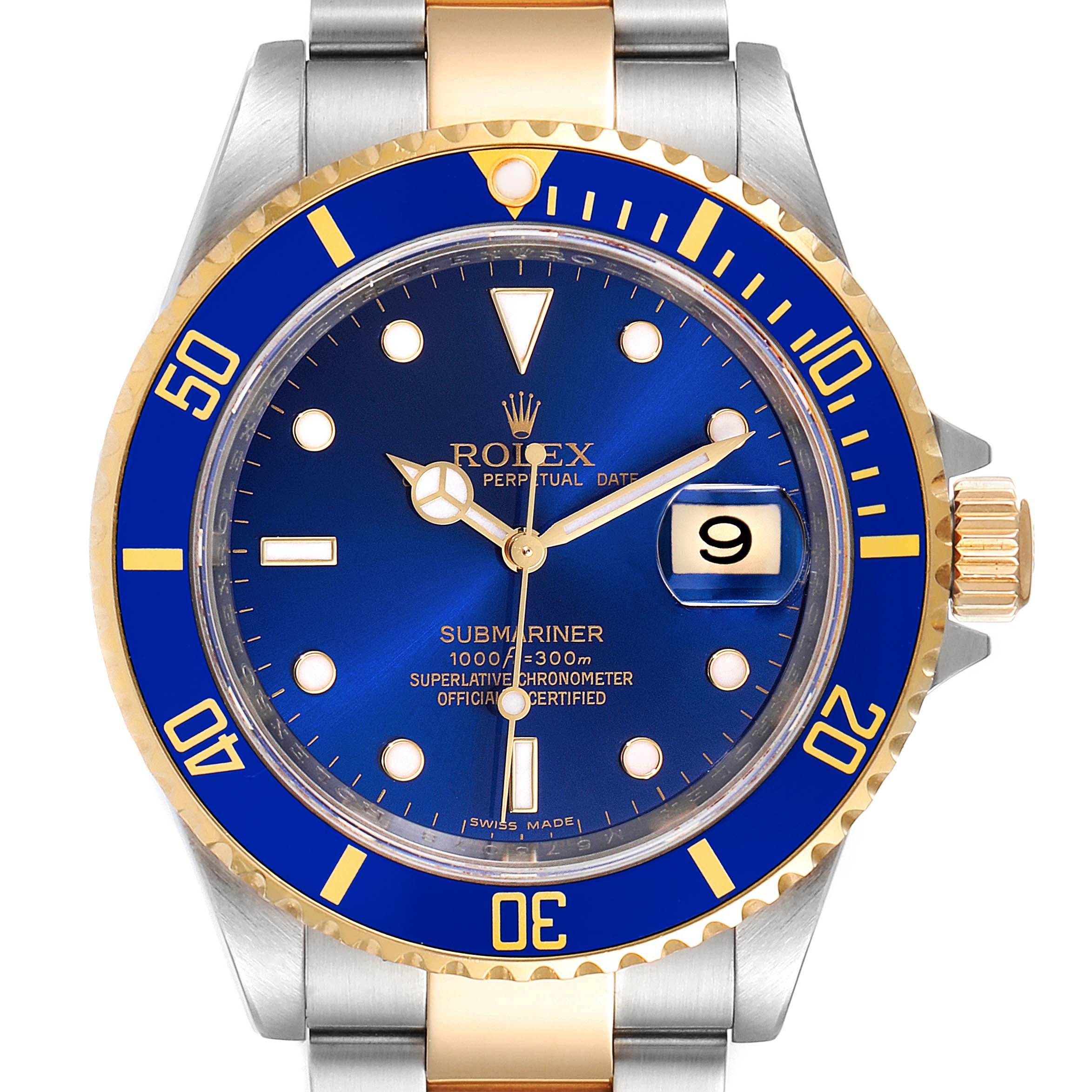 This image shows a frontal view of the Rolex Submariner 16613 Men
s Steel and Gold (two tone) Blue Dial 16613 Men
s Steel and Gold (two tone) Blue Dial watch, highlighting its blue dial, bezel, and two-tone bracelet.