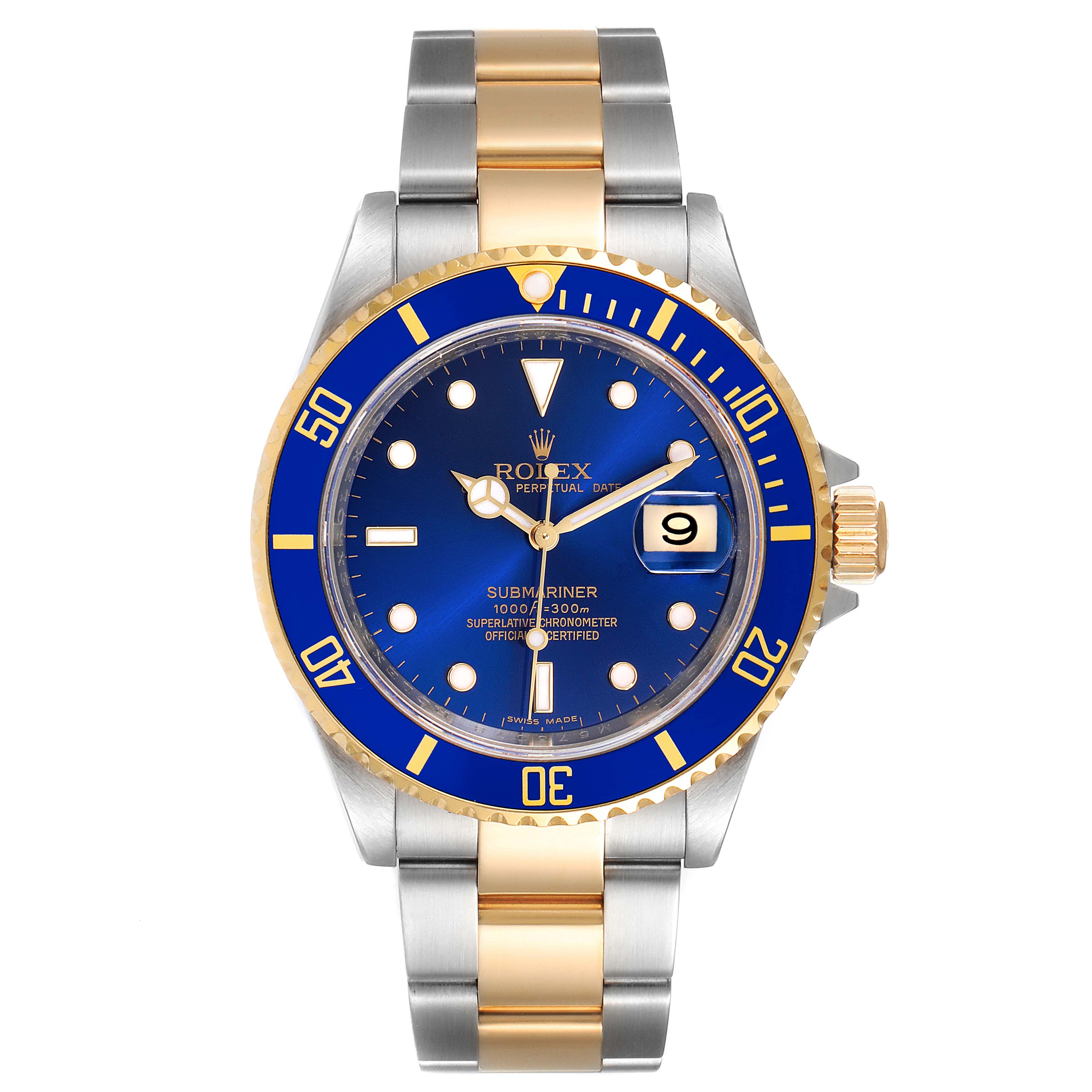 This image shows a front view of a Rolex Submariner 16613 Men
s Steel and Gold (two tone) Blue Dial 16613 Men
s Steel and Gold (two tone) Blue Dial watch showcasing its blue dial, two-tone bracelet, and gold bezel.