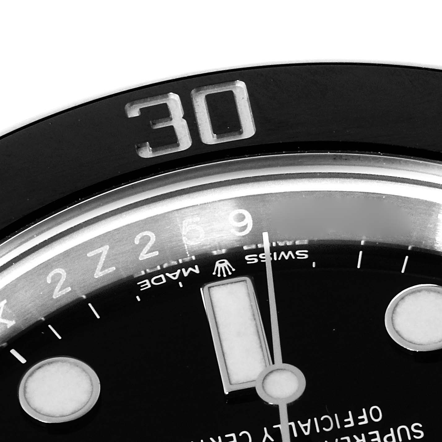 The image shows a close-up of the dial and bezel, specifically the "30" marker, of a Rolex Submariner 126610 Men's Stainless Steel Black Dial 126610 Men's Stainless Steel Black Dial watch.