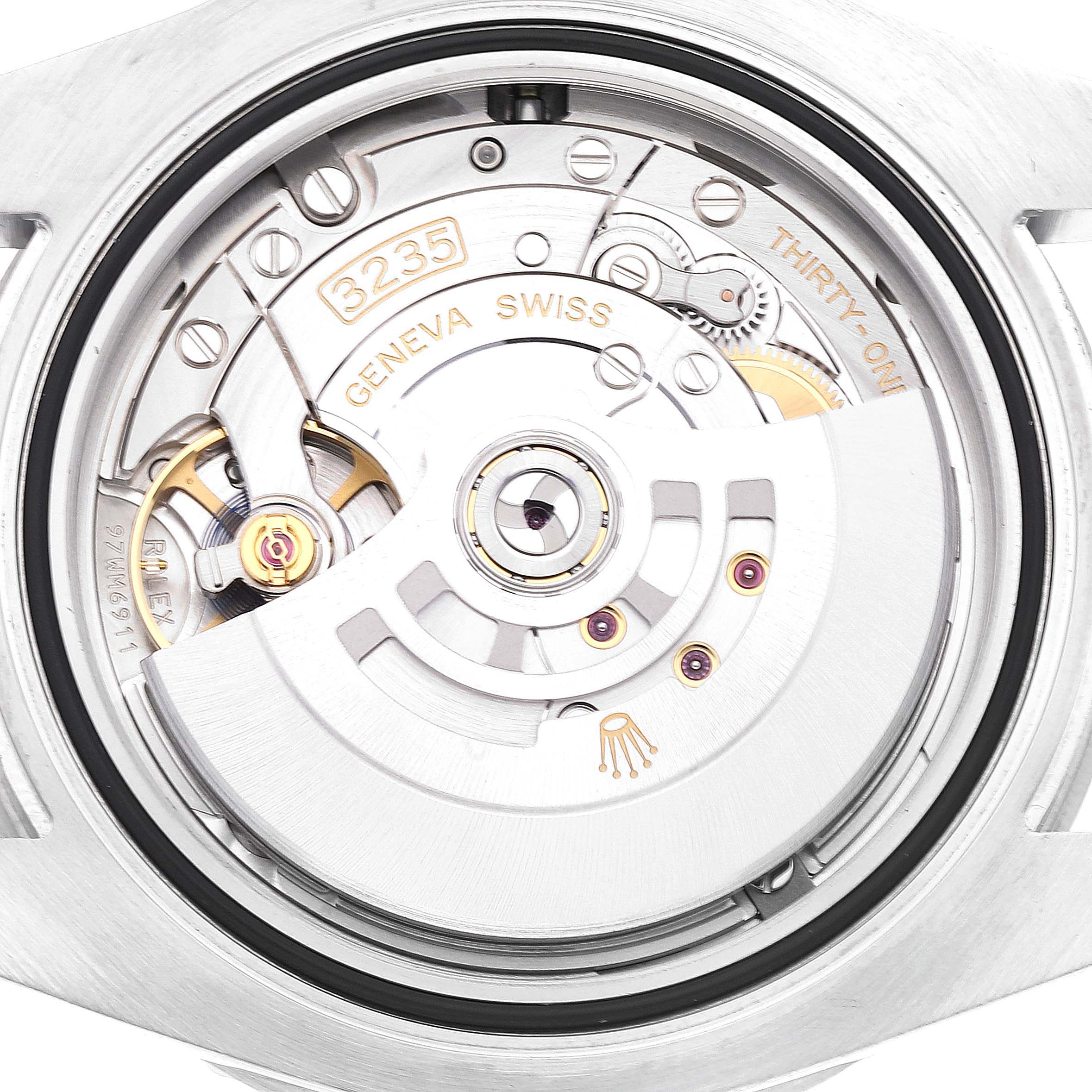 This image shows the back view of the Rolex Submariner 126610 Men's Stainless Steel Black Dial 126610 Men's Stainless Steel Black Dial watch, highlighting its intricate internal mechanism and movement.