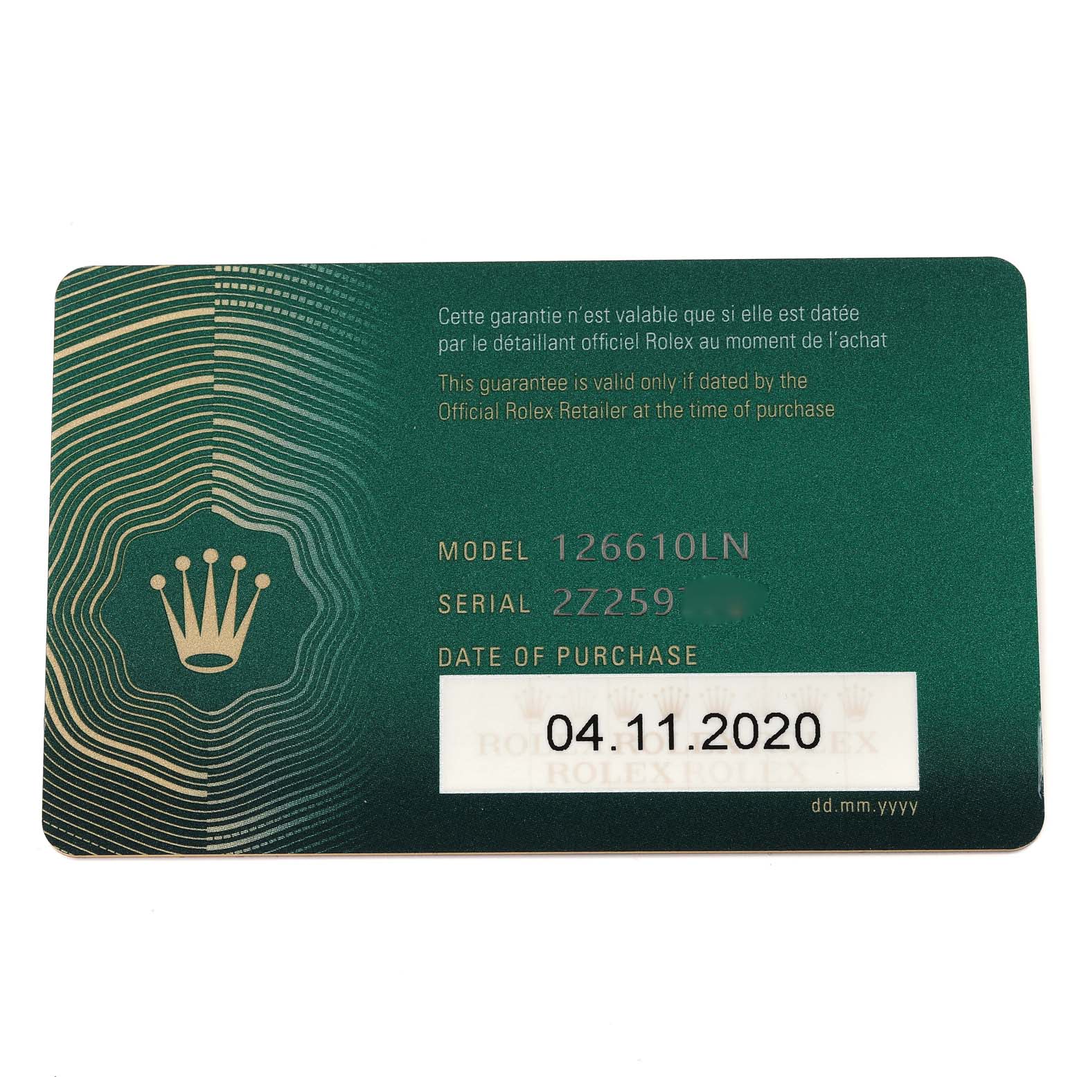 This image shows a warranty card for a Rolex Submariner 126610 Men's Stainless Steel Black Dial 126610 Men's Stainless Steel Black Dial model 126610LN with serial number and date of purchase.