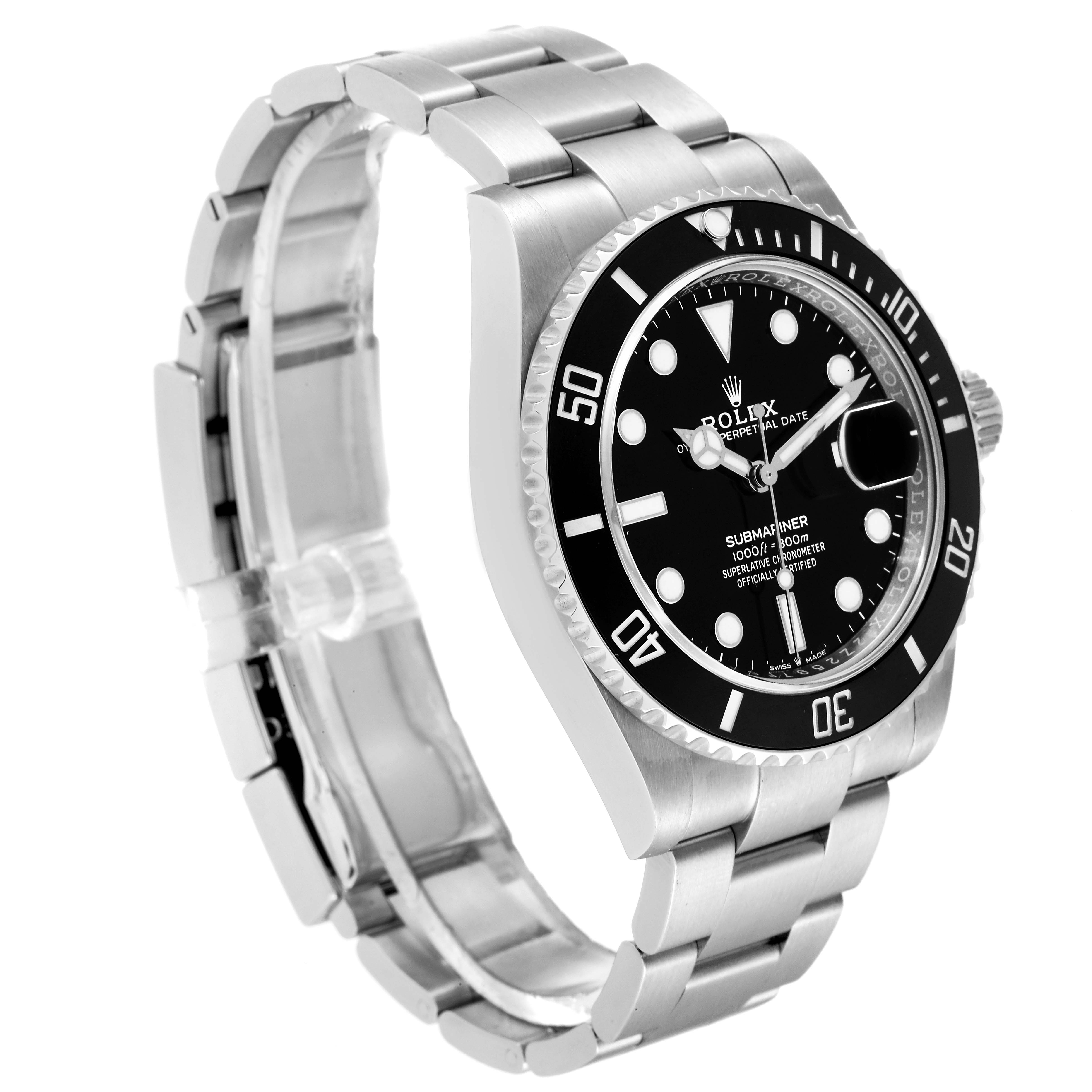The image shows a side-angle view of a Rolex Submariner 126610 Men's Stainless Steel Black Dial 126610 Men's Stainless Steel Black Dial, highlighting the watch face, bezel, and bracelet.