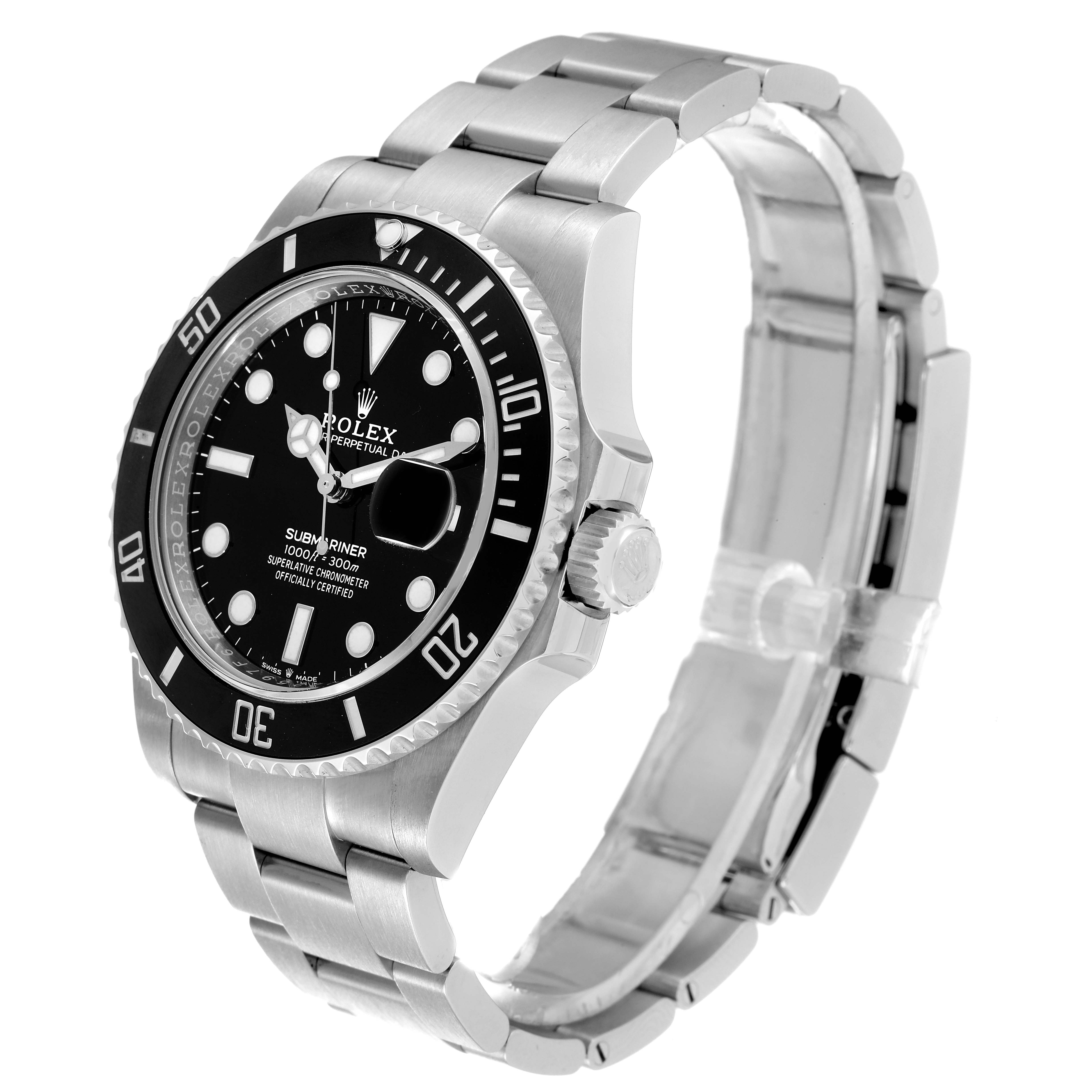 The image shows a side view of the Rolex Submariner 126610 Men's Stainless Steel Black Dial 126610 Men's Stainless Steel Black Dial watch, highlighting the bezel, dial, crown, and metal bracelet.