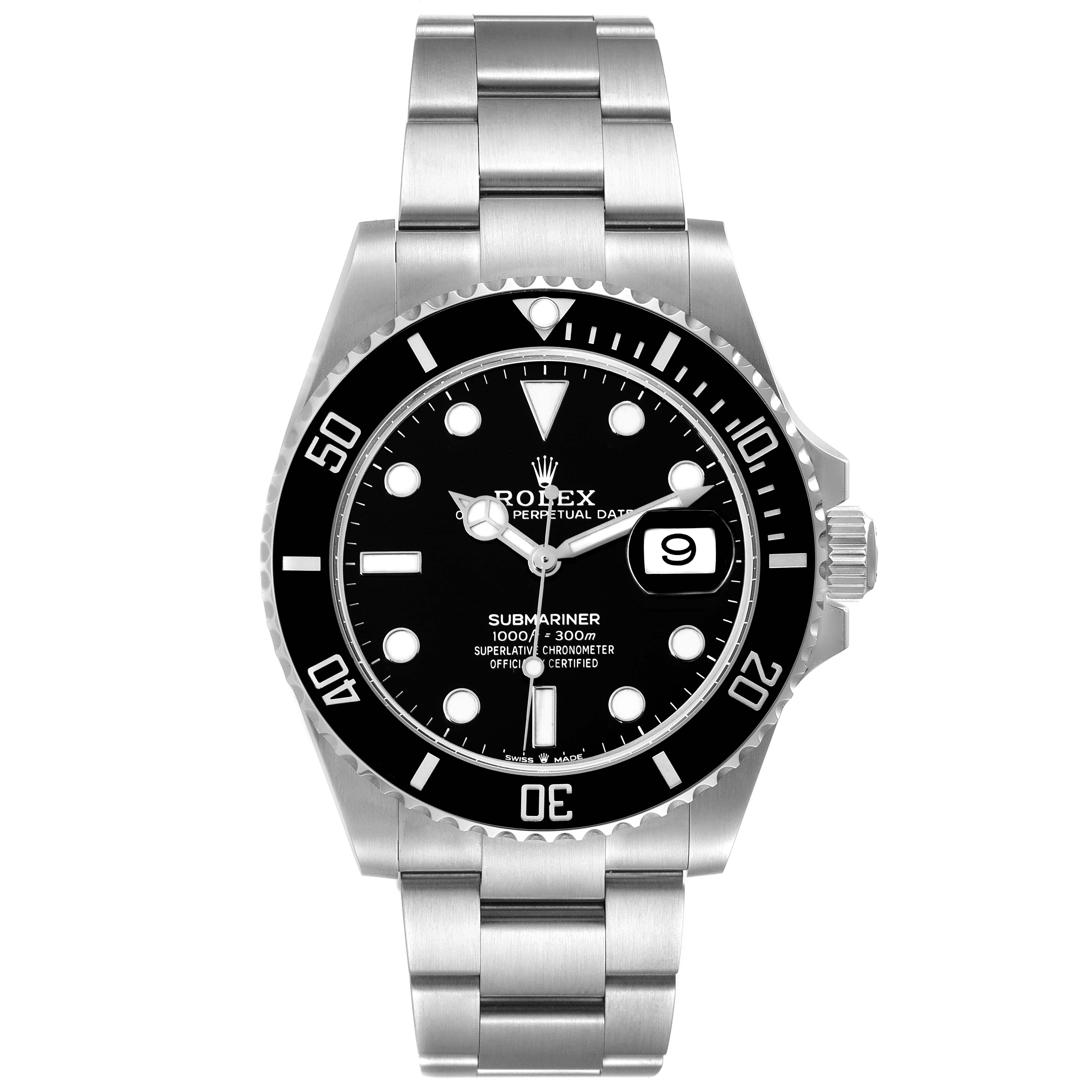 The image shows a front view of the Rolex Submariner 126610 Men's Stainless Steel Black Dial 126610 Men's Stainless Steel Black Dial watch, displaying the dial, bezel, crown, and bracelet.