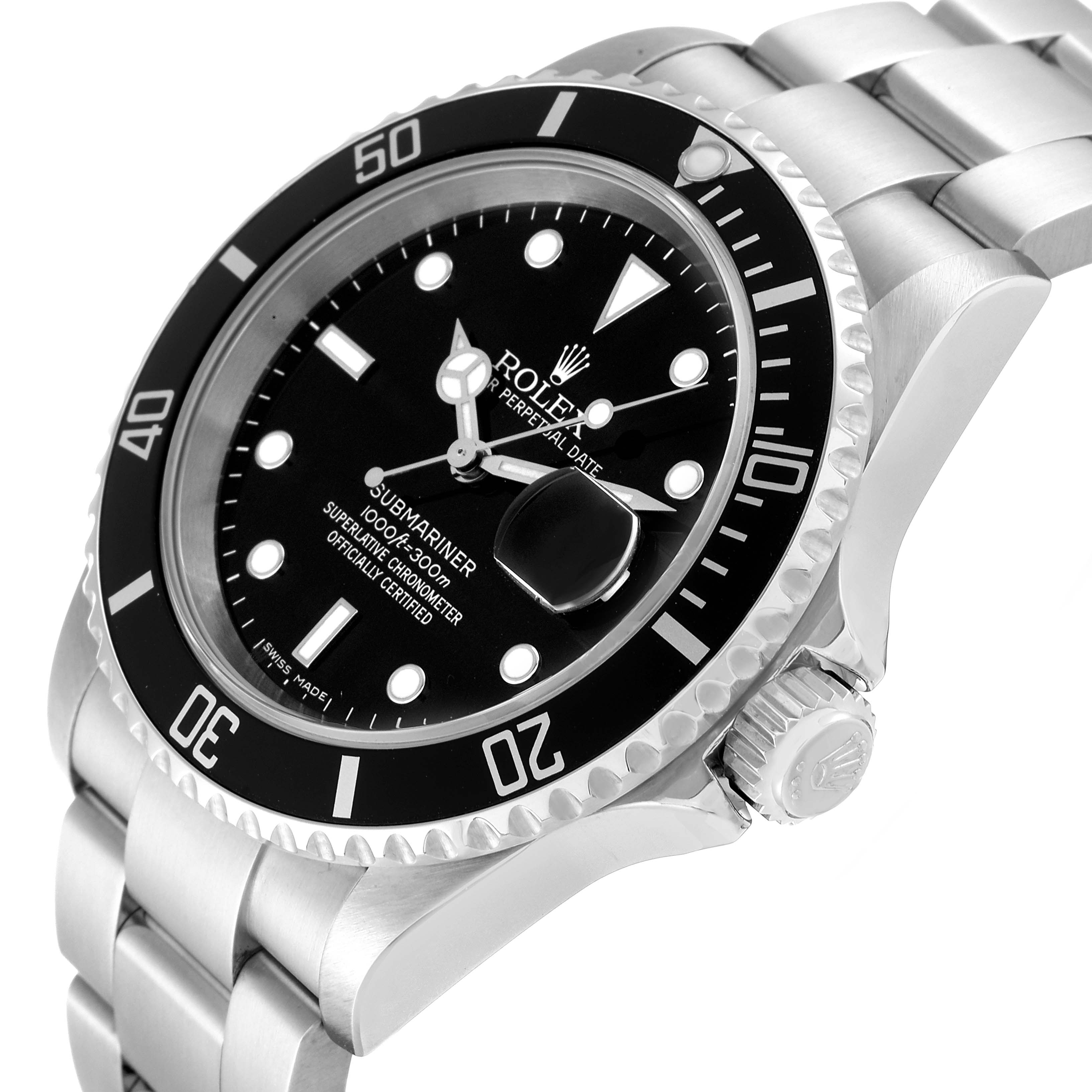 This image shows a side-angled view of the Rolex Submariner 16610 Men
s Stainless Steel Black Dial 16610 Men
s Stainless Steel Black Dial watch, highlighting the dial, bezel, and part of the bracelet.